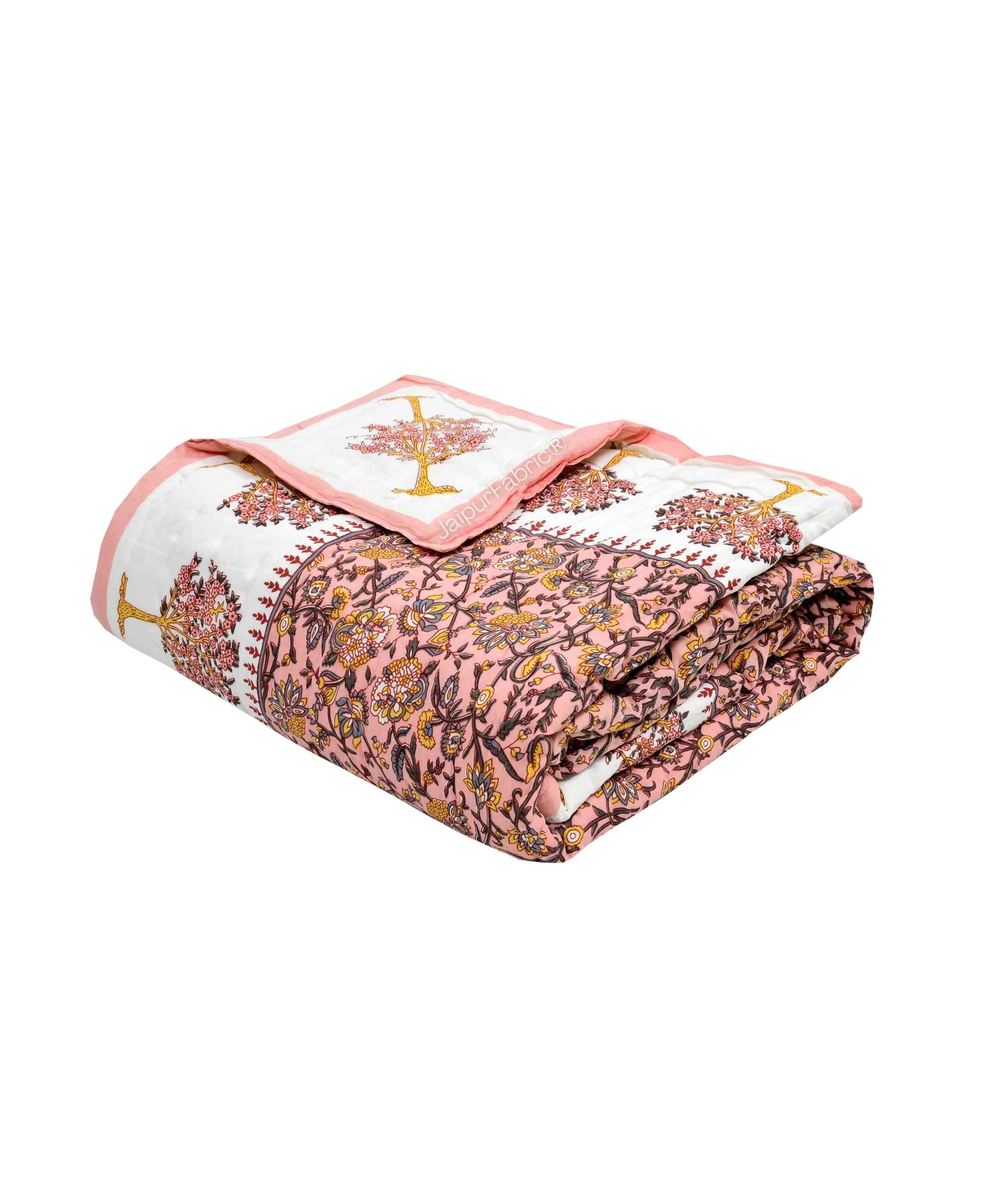 Traditional Tree Motifs Reversible Saffron Floral Print Double Sided Quilt Rajai