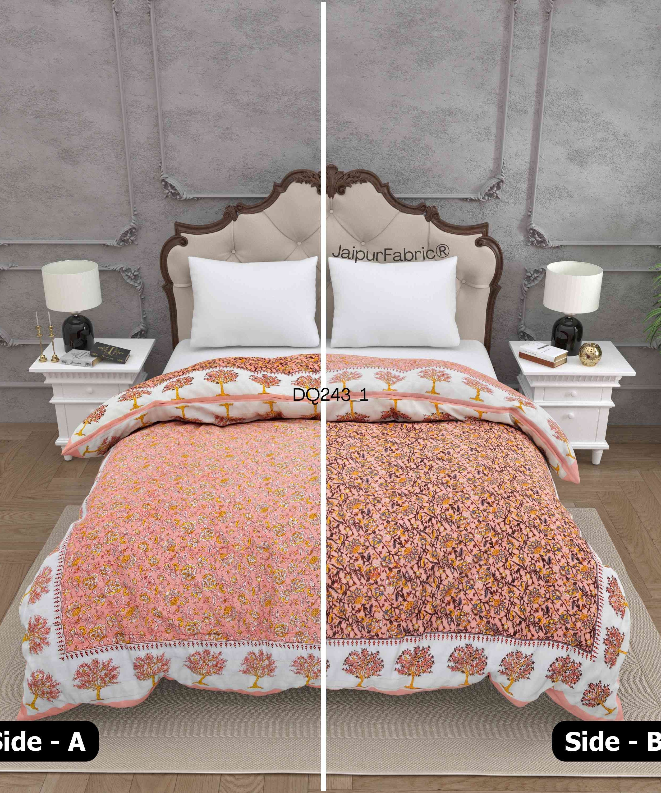 Traditional Tree Motifs Reversible Saffron Floral Print Double Sided Quilt Rajai