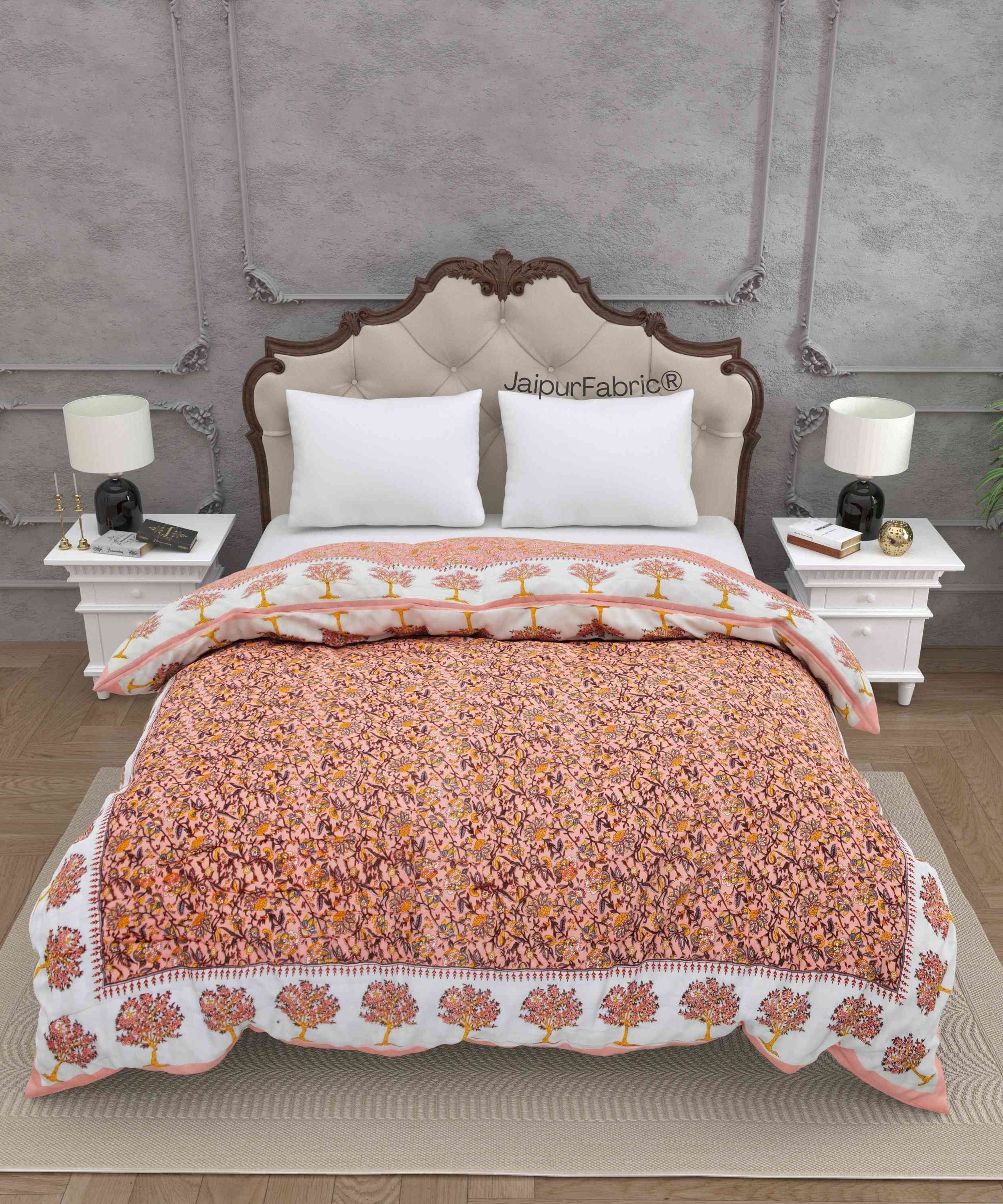 Traditional Tree Motifs Reversible Saffron Floral Print Double Sided Quilt Rajai