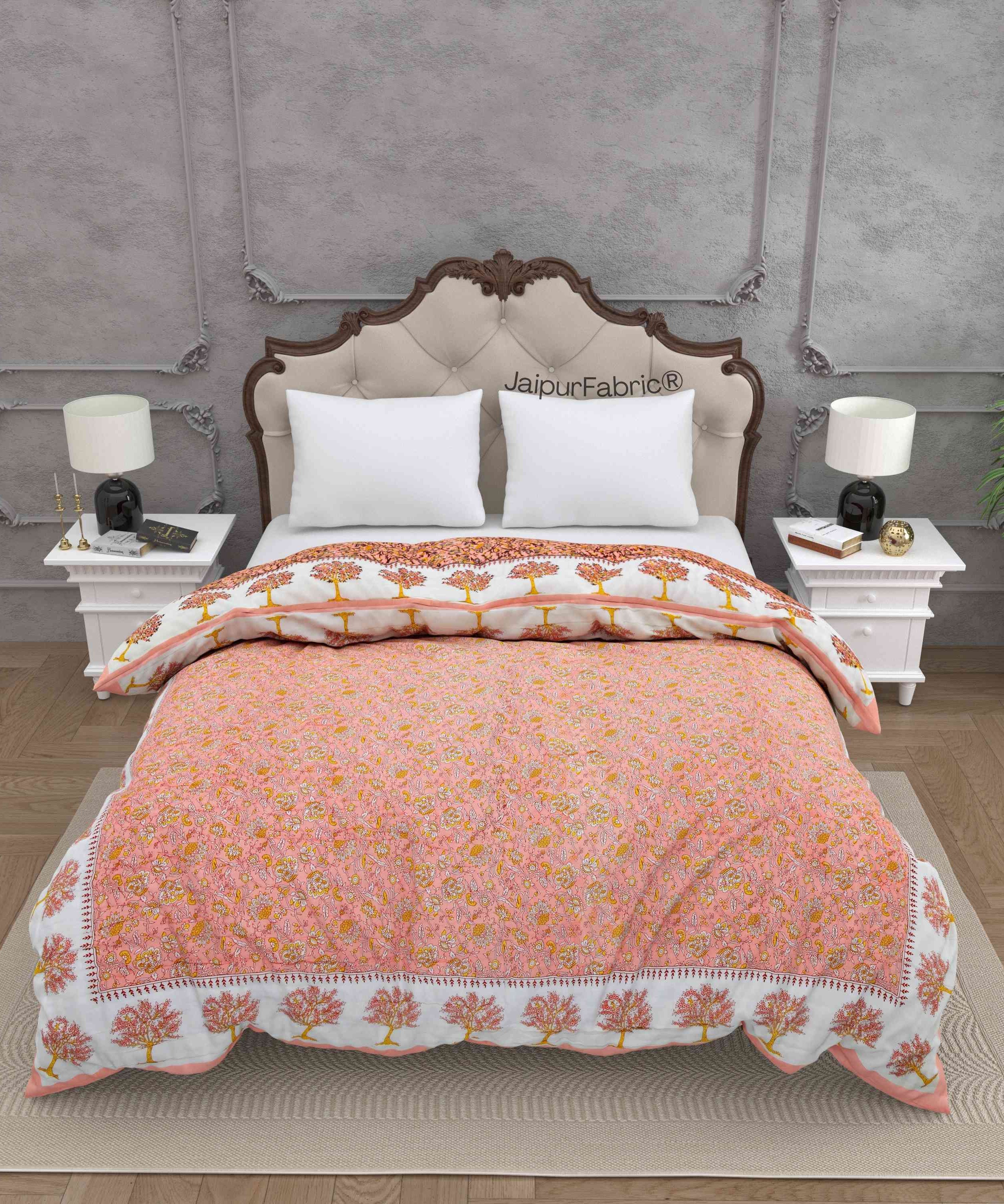 Traditional Tree Motifs Reversible Saffron Floral Print Double Sided Quilt Rajai