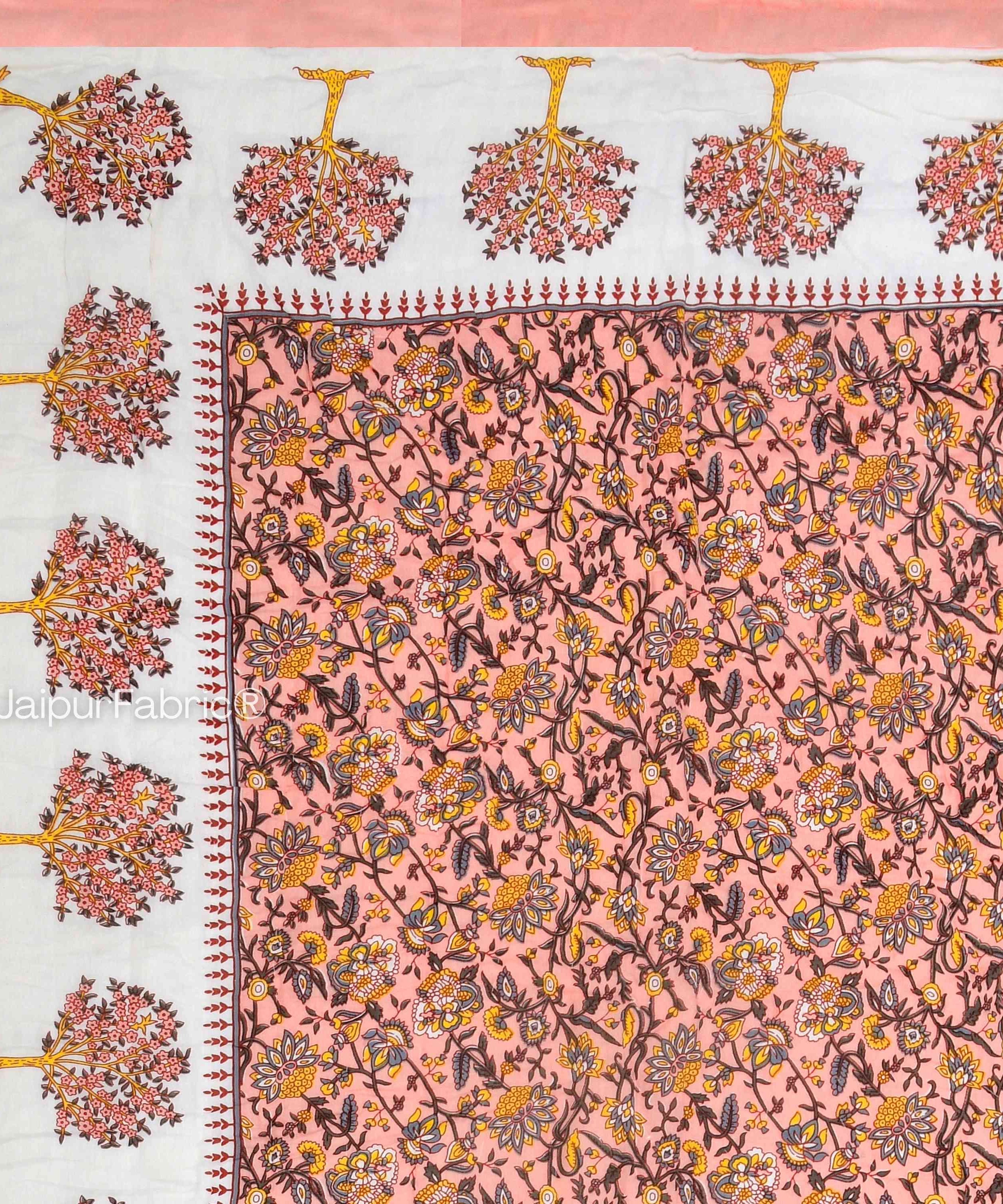 Traditional Tree Motifs Reversible Saffron Floral Print Double Sided Quilt Rajai