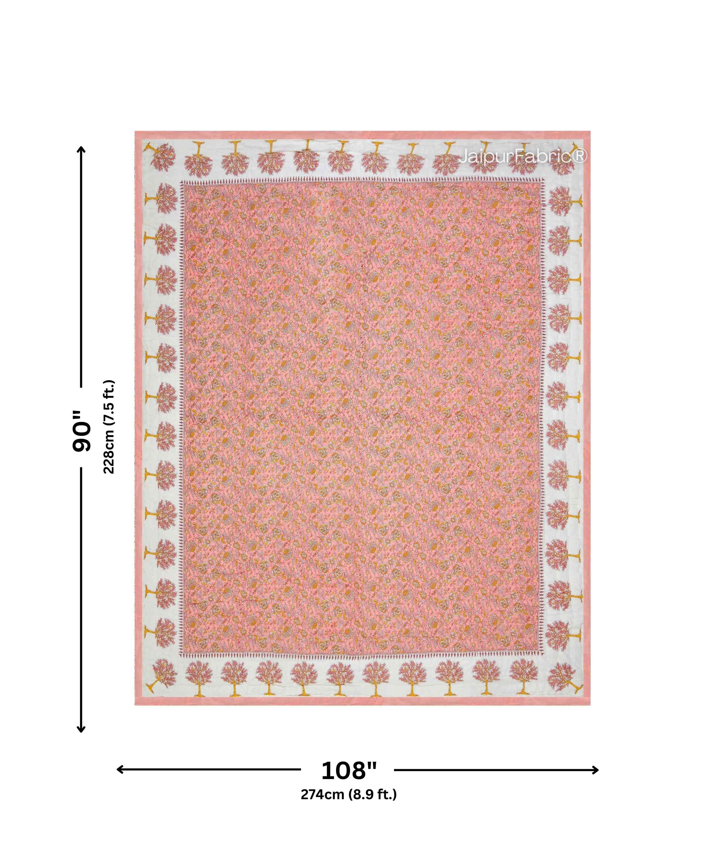 Traditional Tree Motifs Reversible Saffron Floral Print Double Sided Quilt Rajai