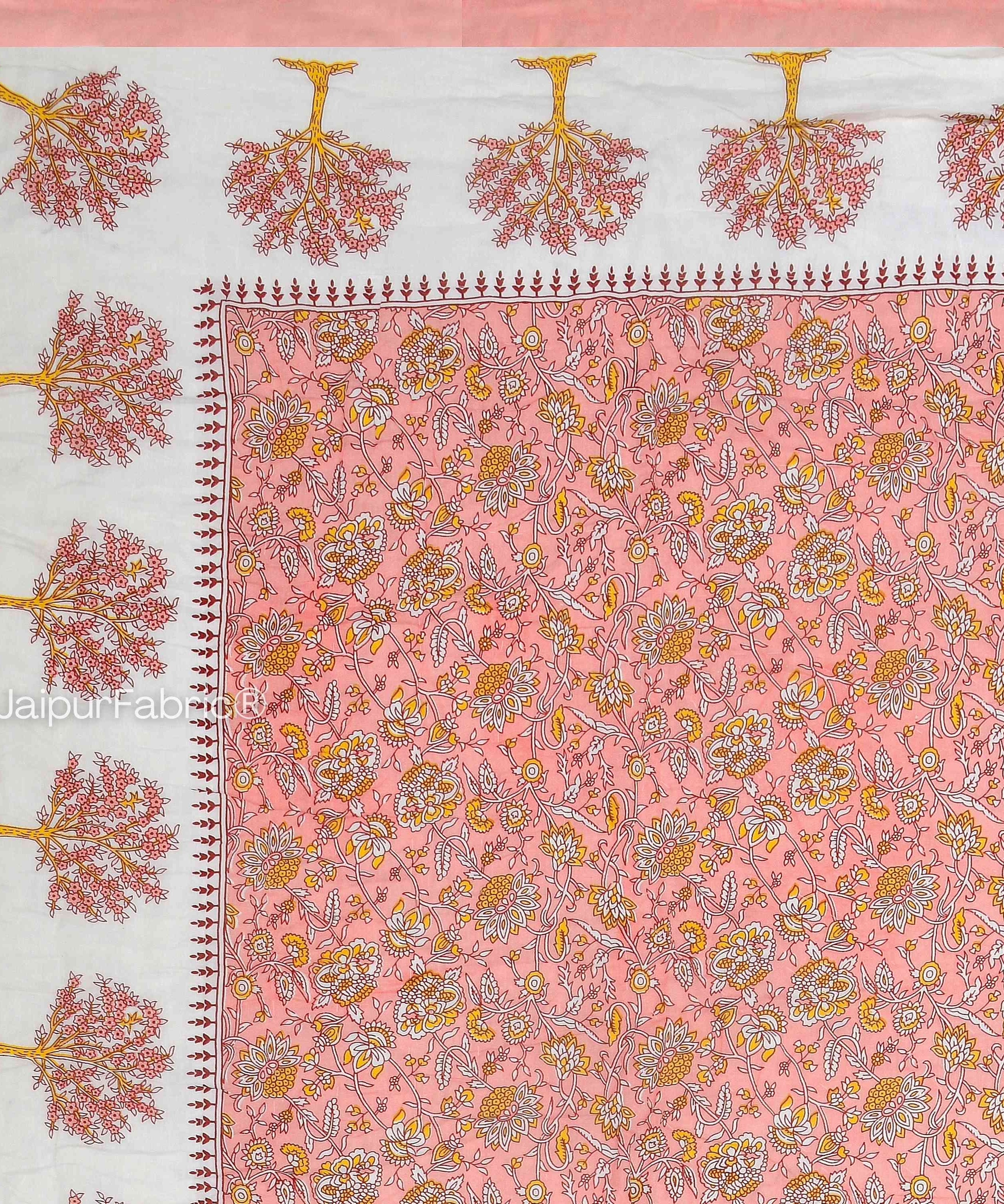 Traditional Tree Motifs Reversible Saffron Floral Print Double Sided Quilt Rajai