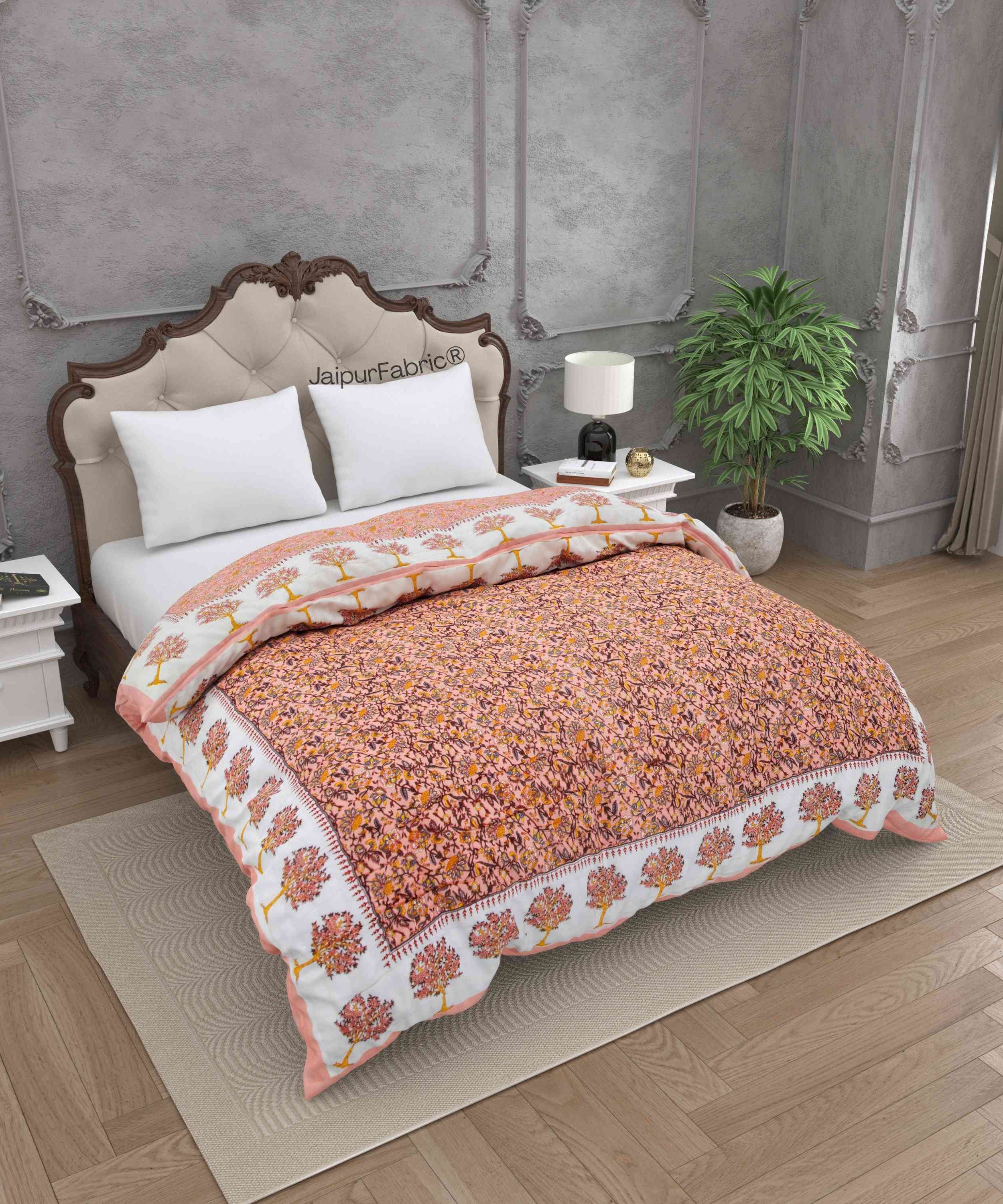 Traditional Tree Motifs Reversible Saffron Floral Print Double Sided Quilt Rajai