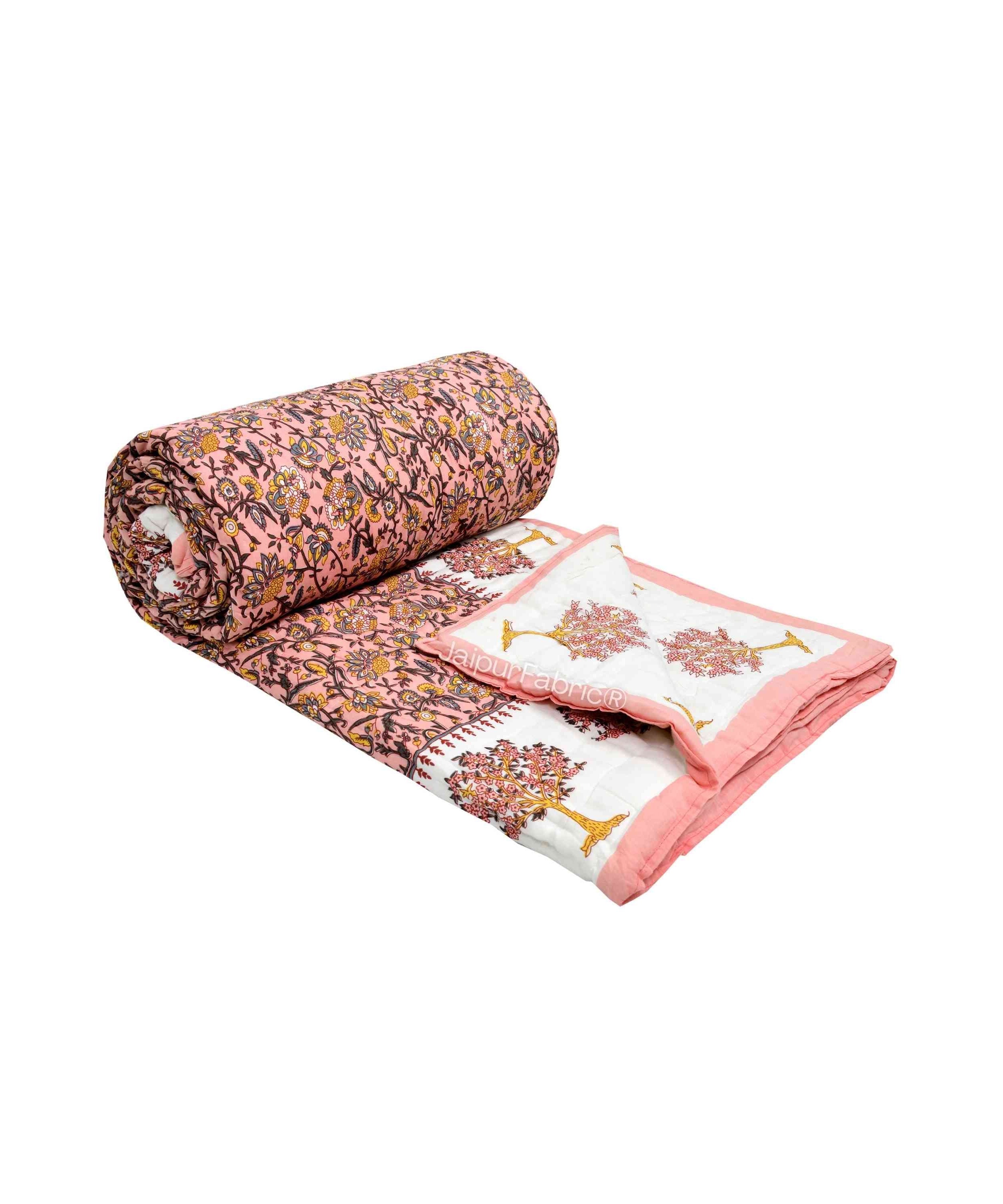 Traditional Tree Motifs Reversible Saffron Floral Print Double Sided Quilt Rajai