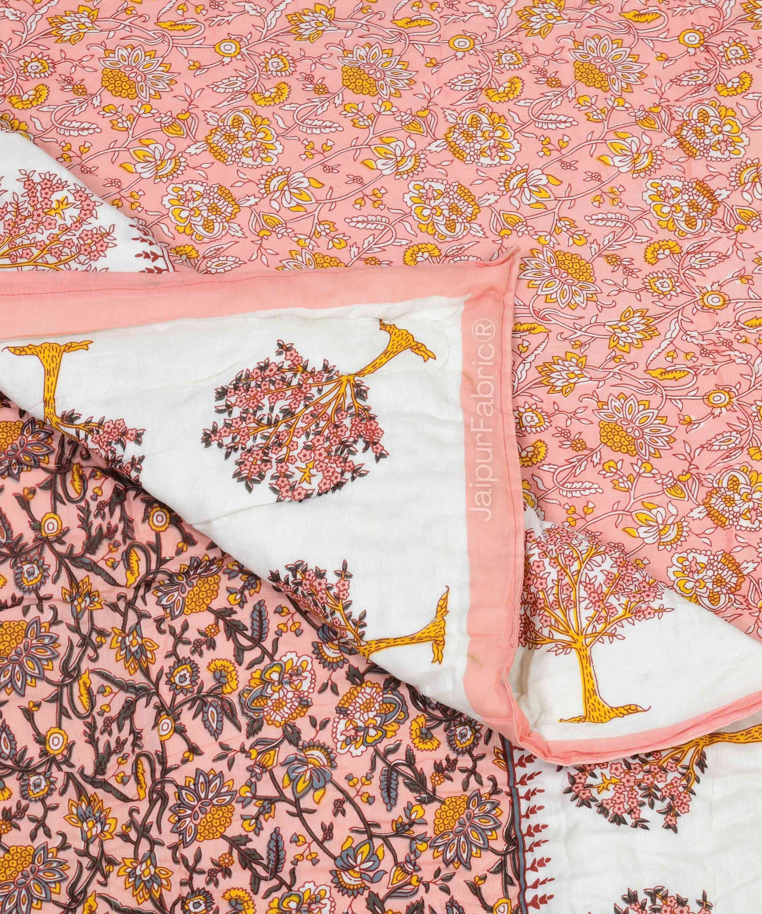 Traditional Tree Motifs Reversible Saffron Floral Print Double Sided Quilt Rajai