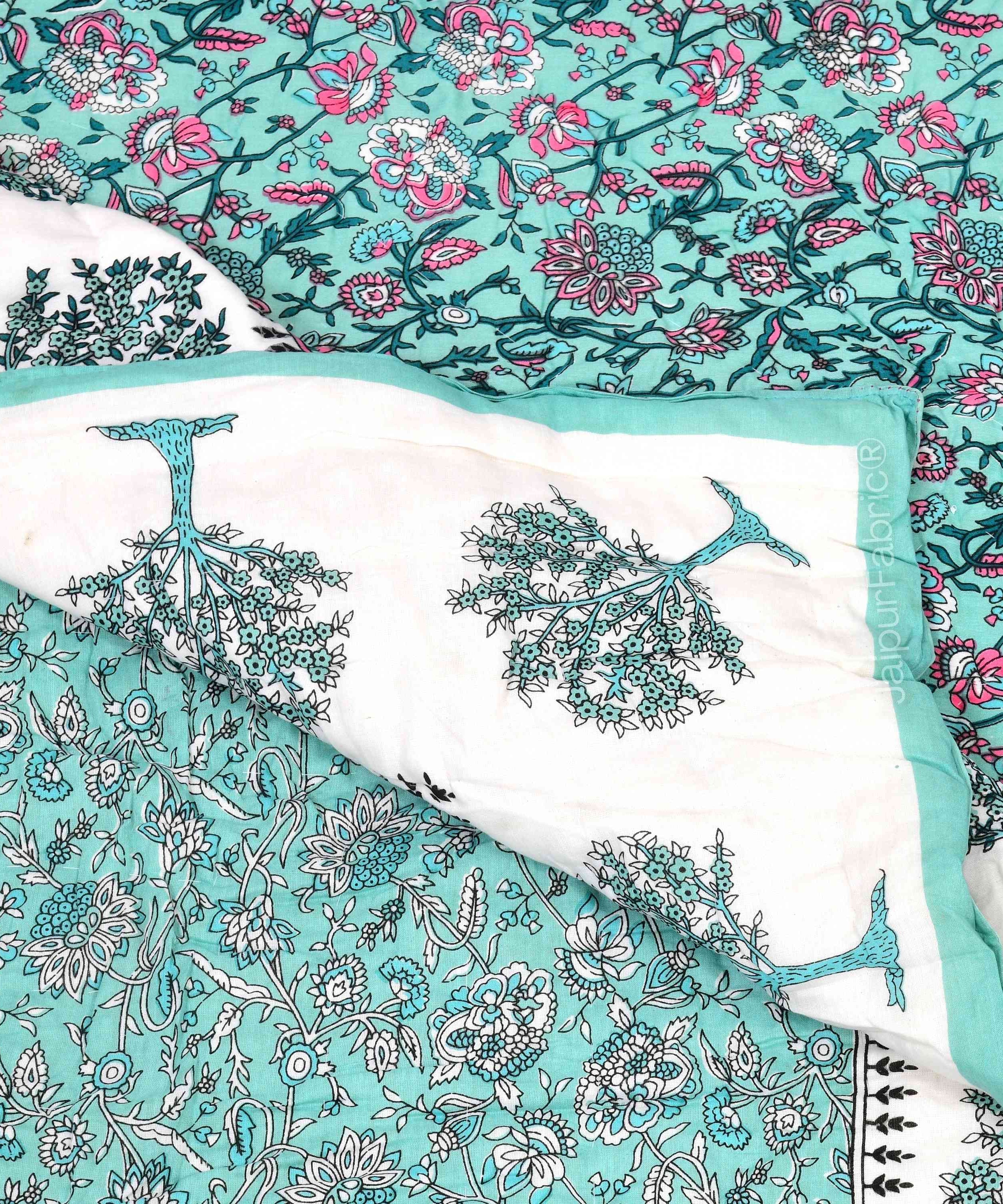 Traditional Tree Motifs Reversible Turquoise Floral Print Double Sided Quilt Rajai