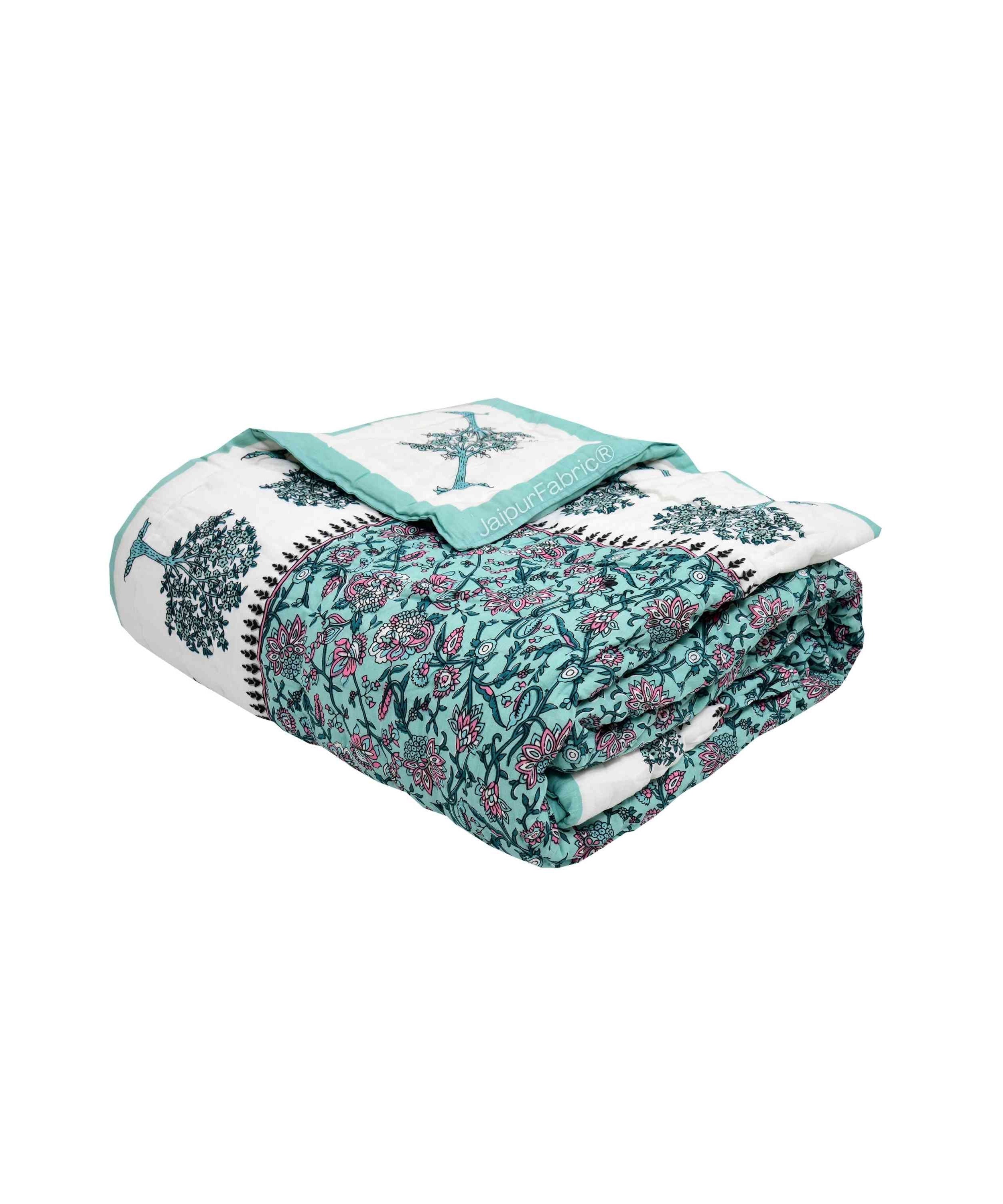 Traditional Tree Motifs Reversible Turquoise Floral Print Double Sided Quilt Rajai