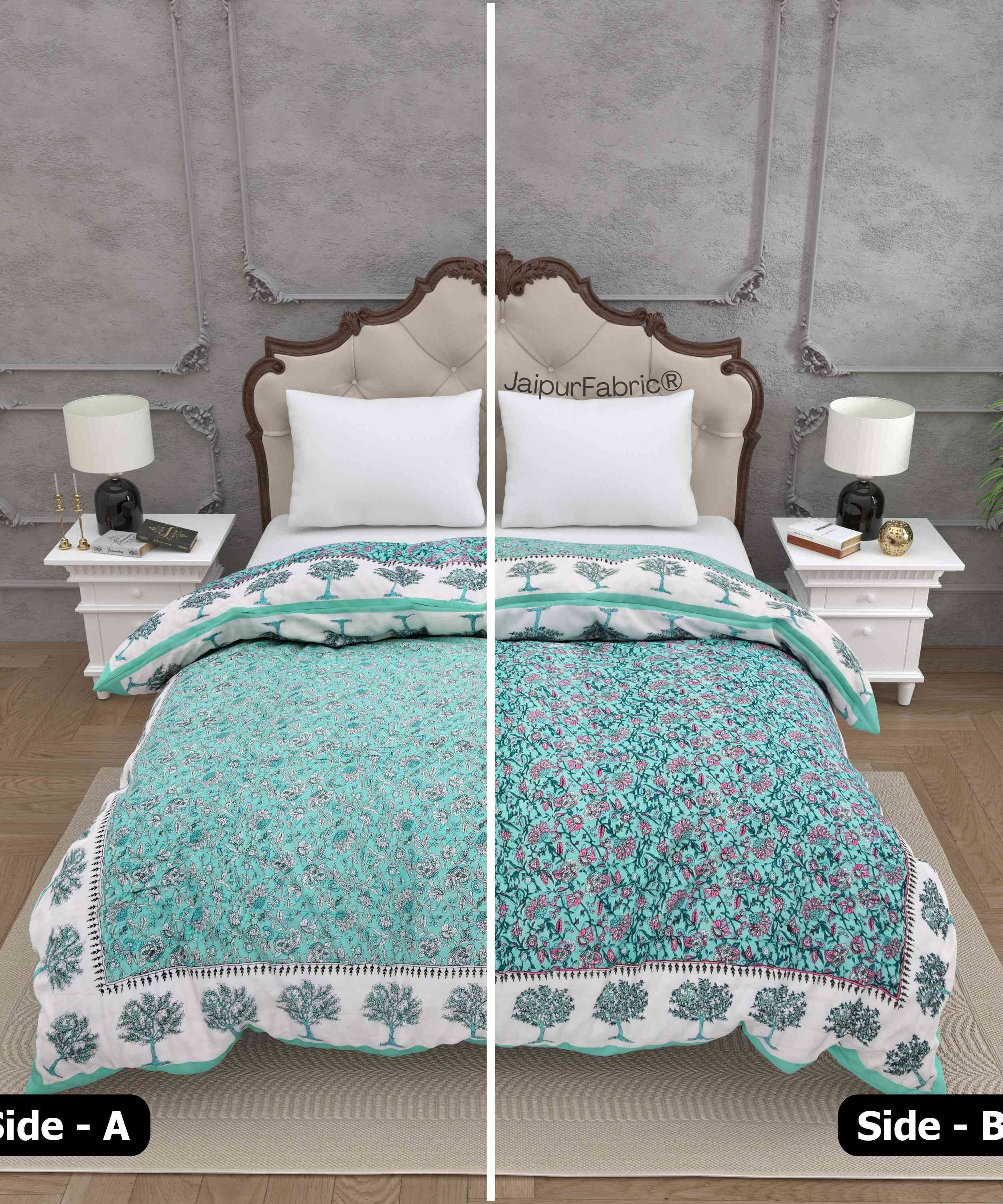 Traditional Tree Motifs Reversible Turquoise Floral Print Double Sided Quilt Rajai
