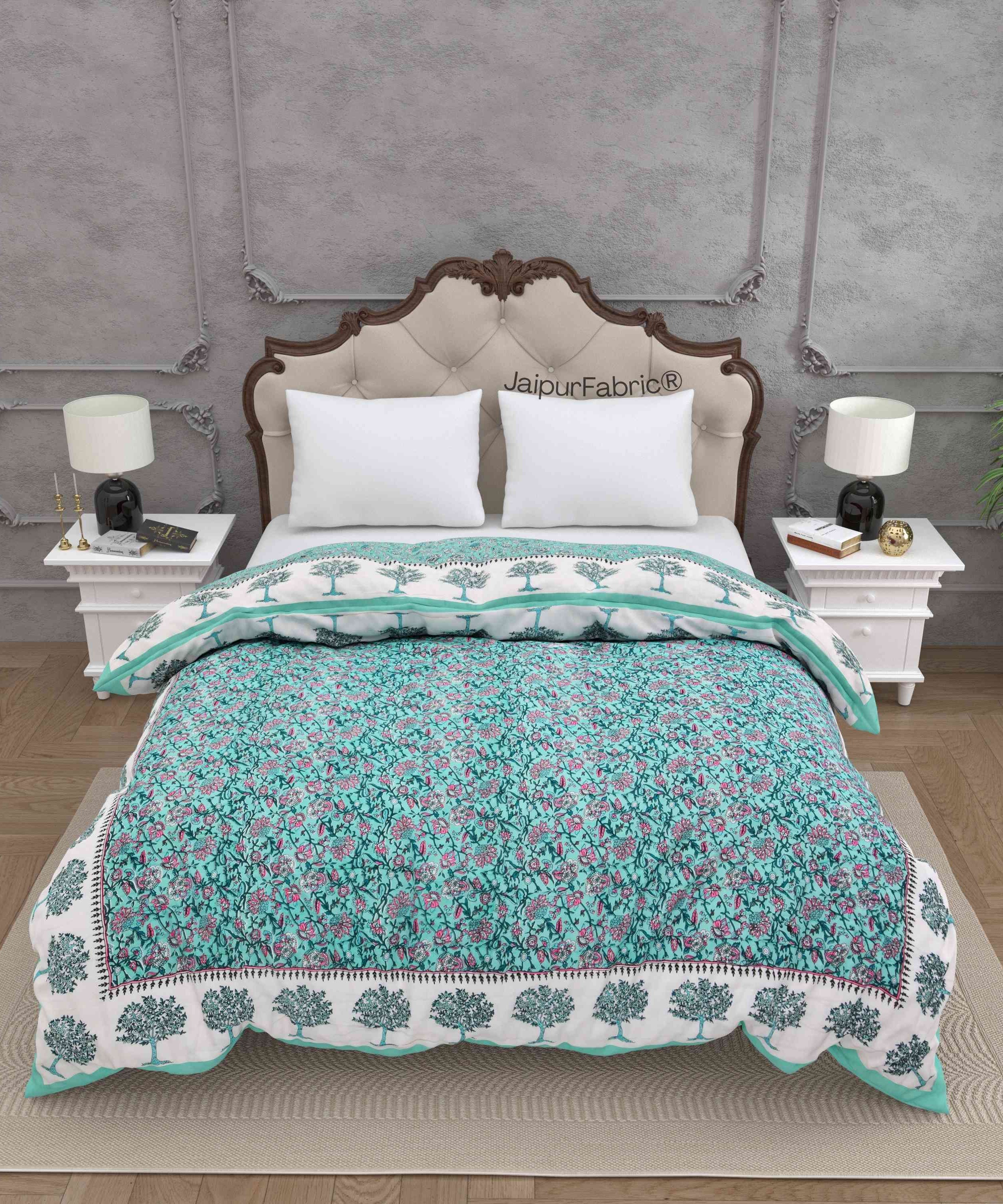 Traditional Tree Motifs Reversible Turquoise Floral Print Double Sided Quilt Rajai