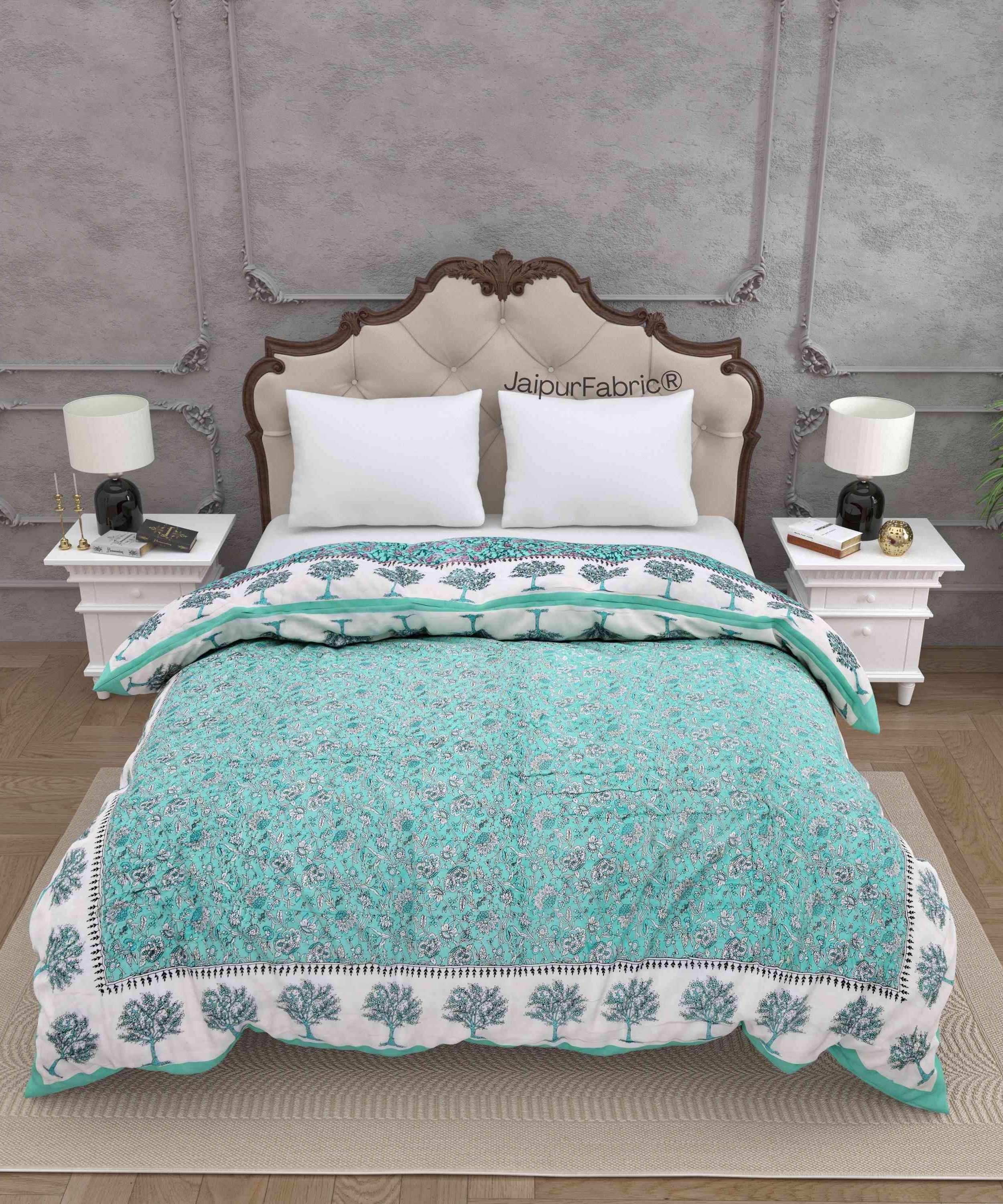 Traditional Tree Motifs Reversible Turquoise Floral Print Double Sided Quilt Rajai