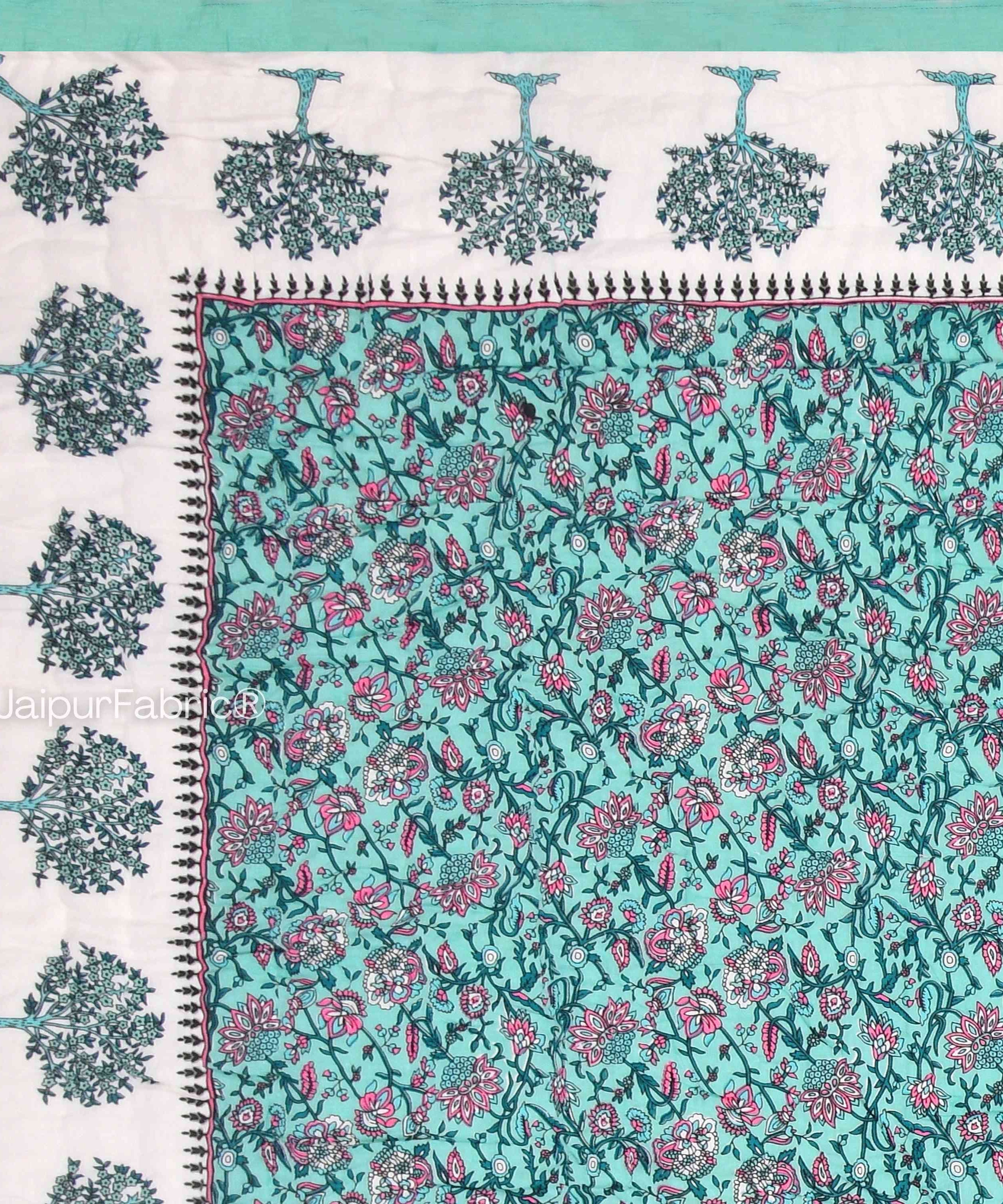 Traditional Tree Motifs Reversible Turquoise Floral Print Double Sided Quilt Rajai