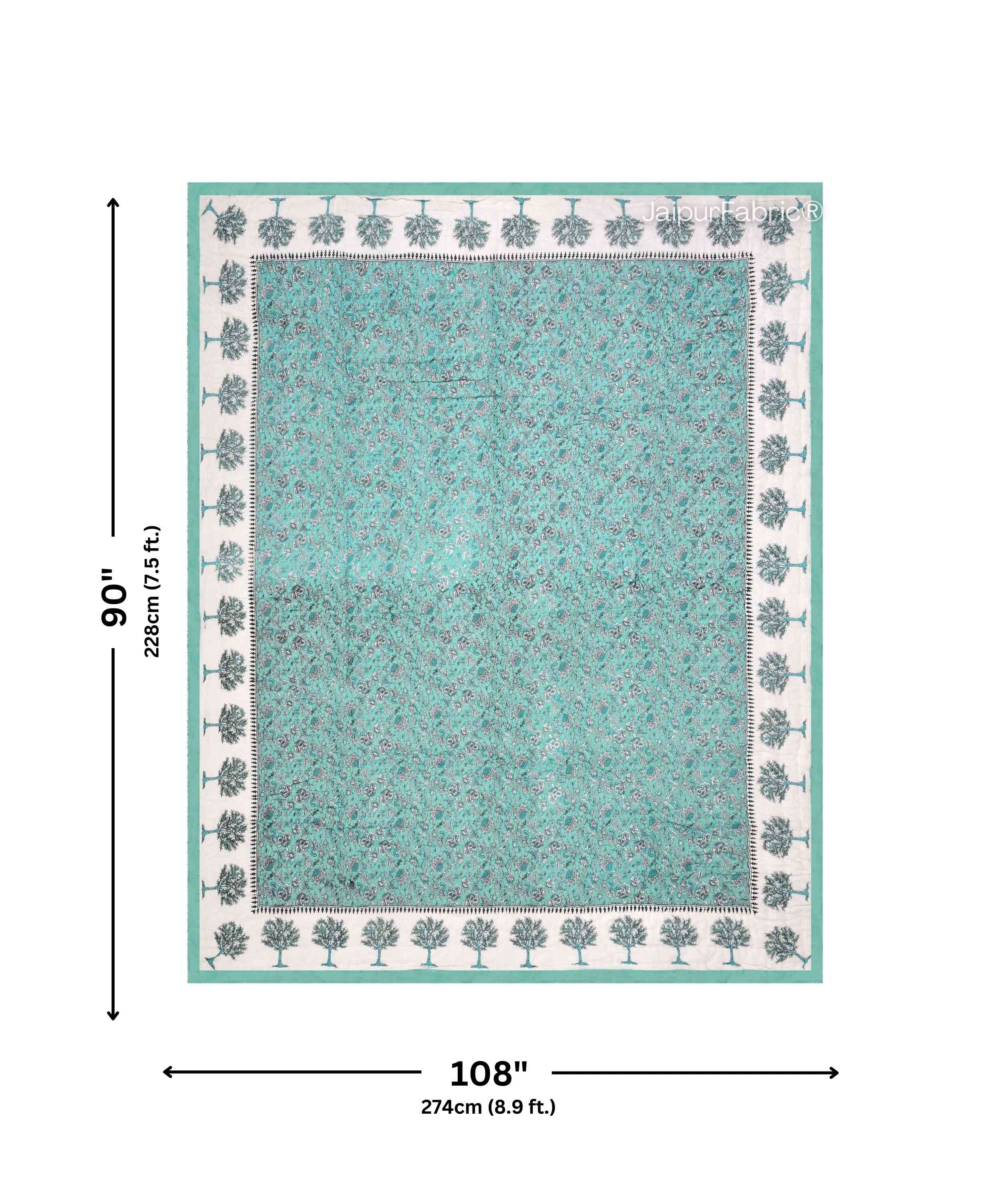 Traditional Tree Motifs Reversible Turquoise Floral Print Double Sided Quilt Rajai