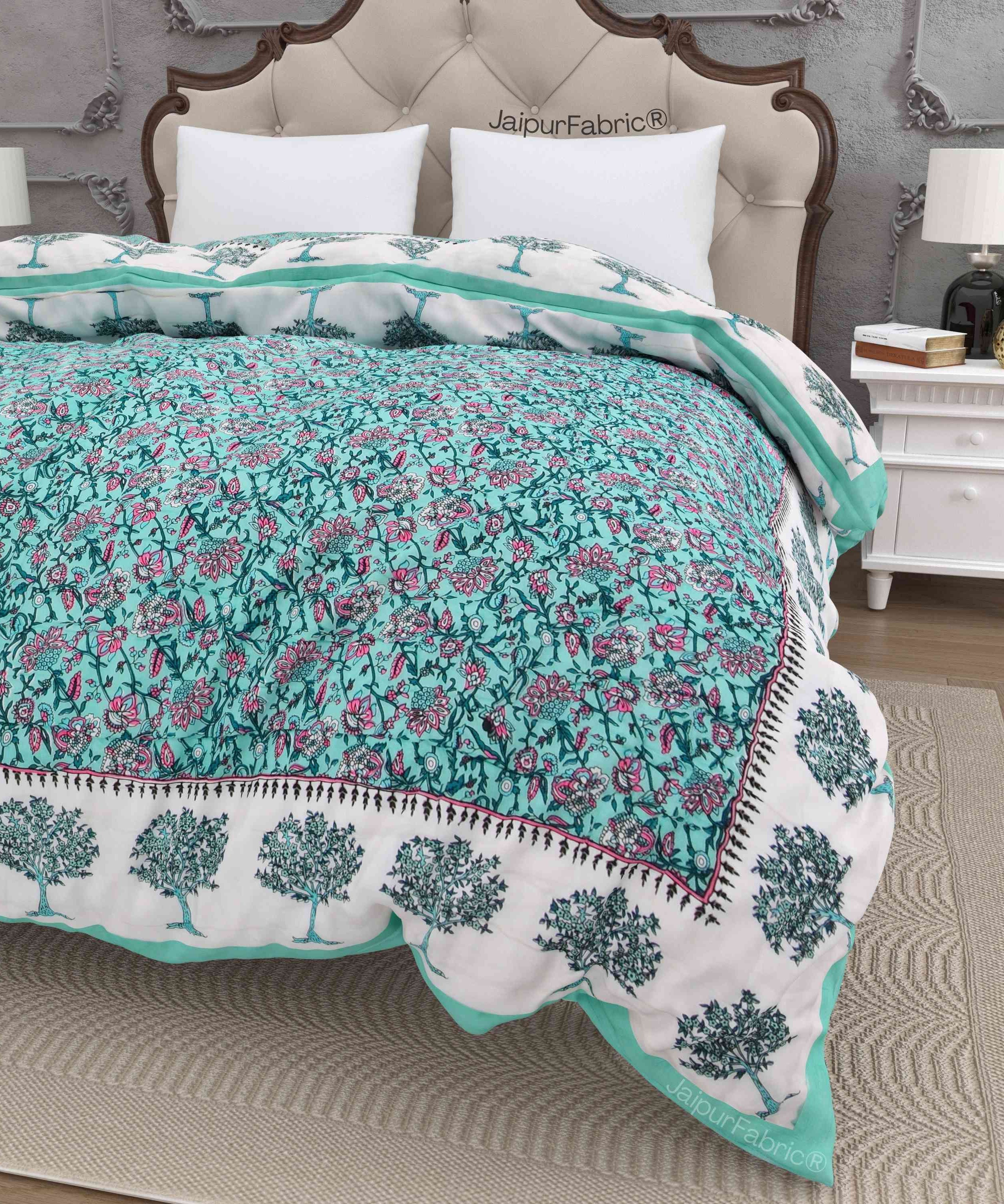 Traditional Tree Motifs Reversible Turquoise Floral Print Double Sided Quilt Rajai