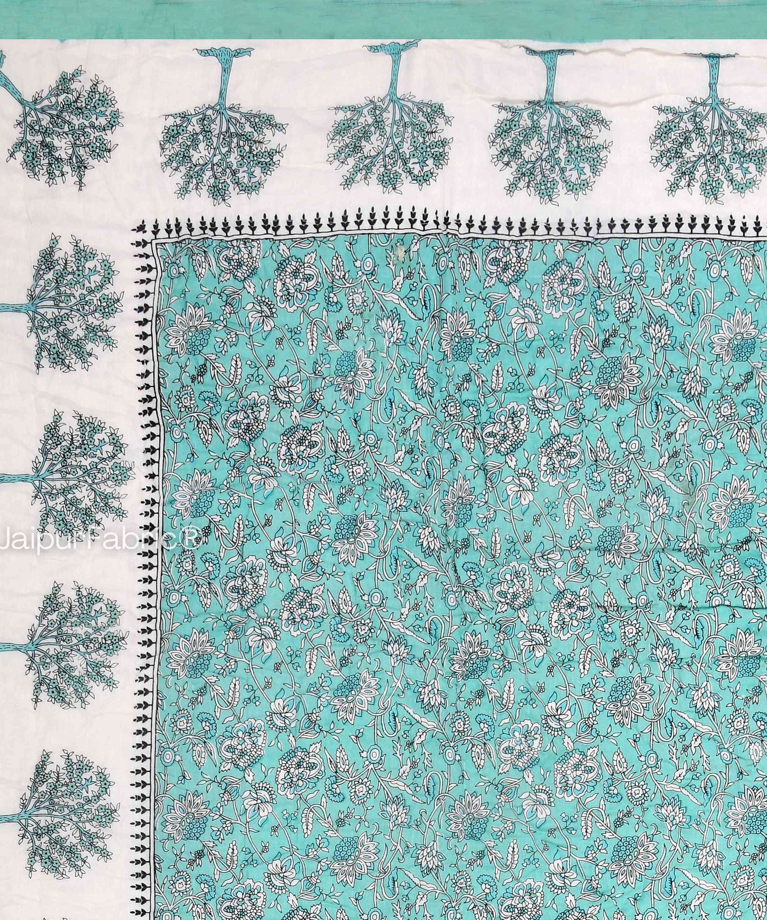 Traditional Tree Motifs Reversible Turquoise Floral Print Double Sided Quilt Rajai