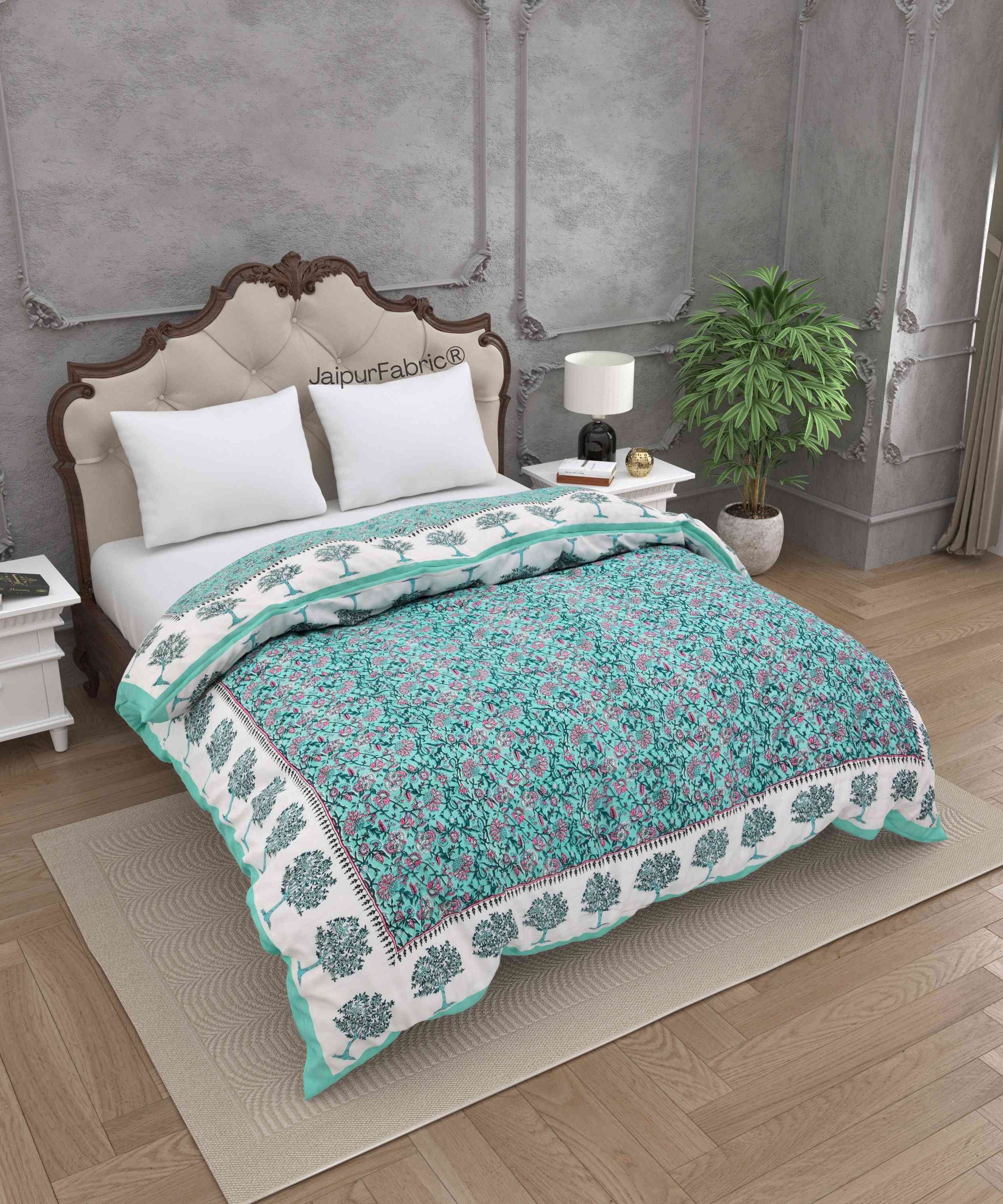 Traditional Tree Motifs Reversible Turquoise Floral Print Double Sided Quilt Rajai