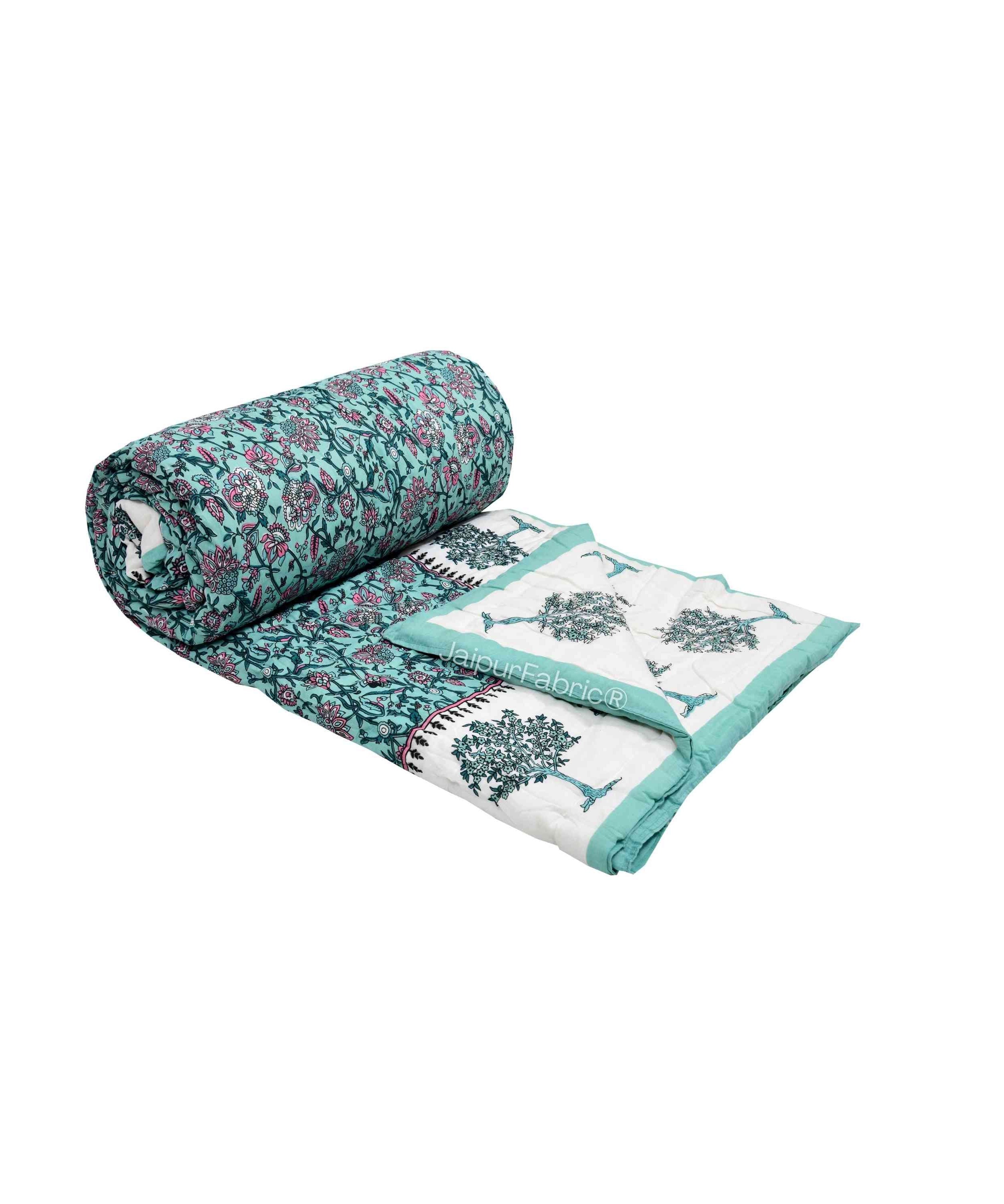 Traditional Tree Motifs Reversible Turquoise Floral Print Double Sided Quilt Rajai