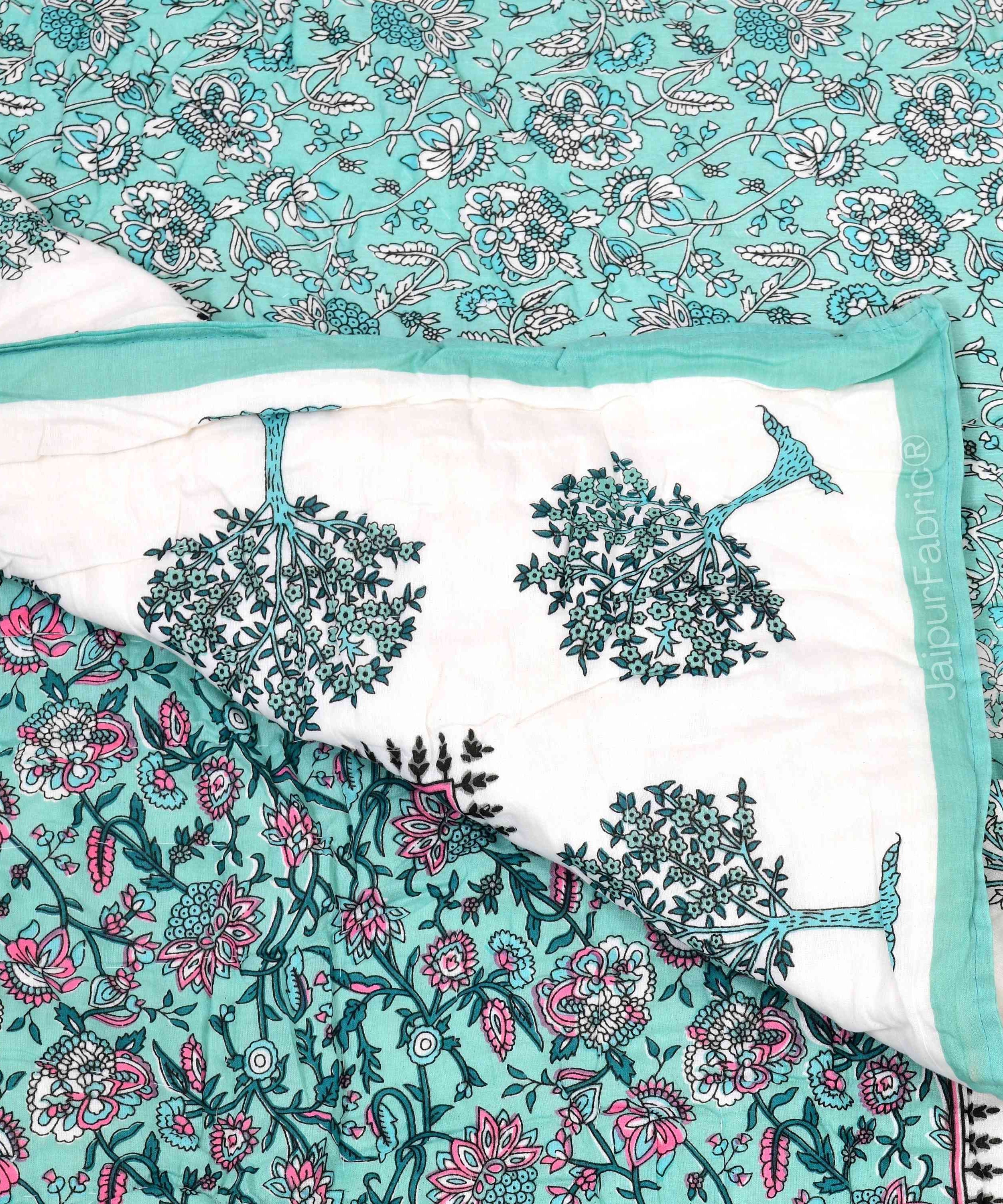 Traditional Tree Motifs Reversible Turquoise Floral Print Double Sided Quilt Rajai