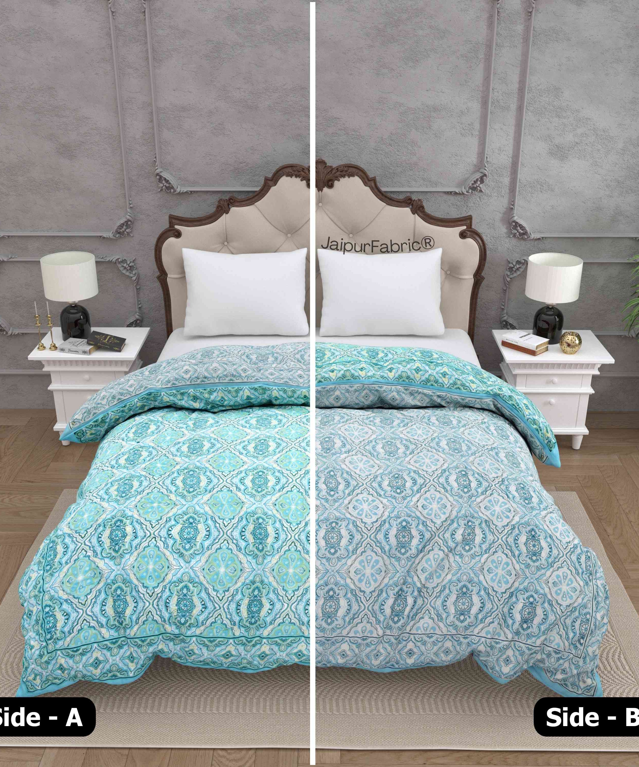 Reversible Quilt Rajai with Turquoise Medallion Dual-Design Print for Stylish Bedrooms