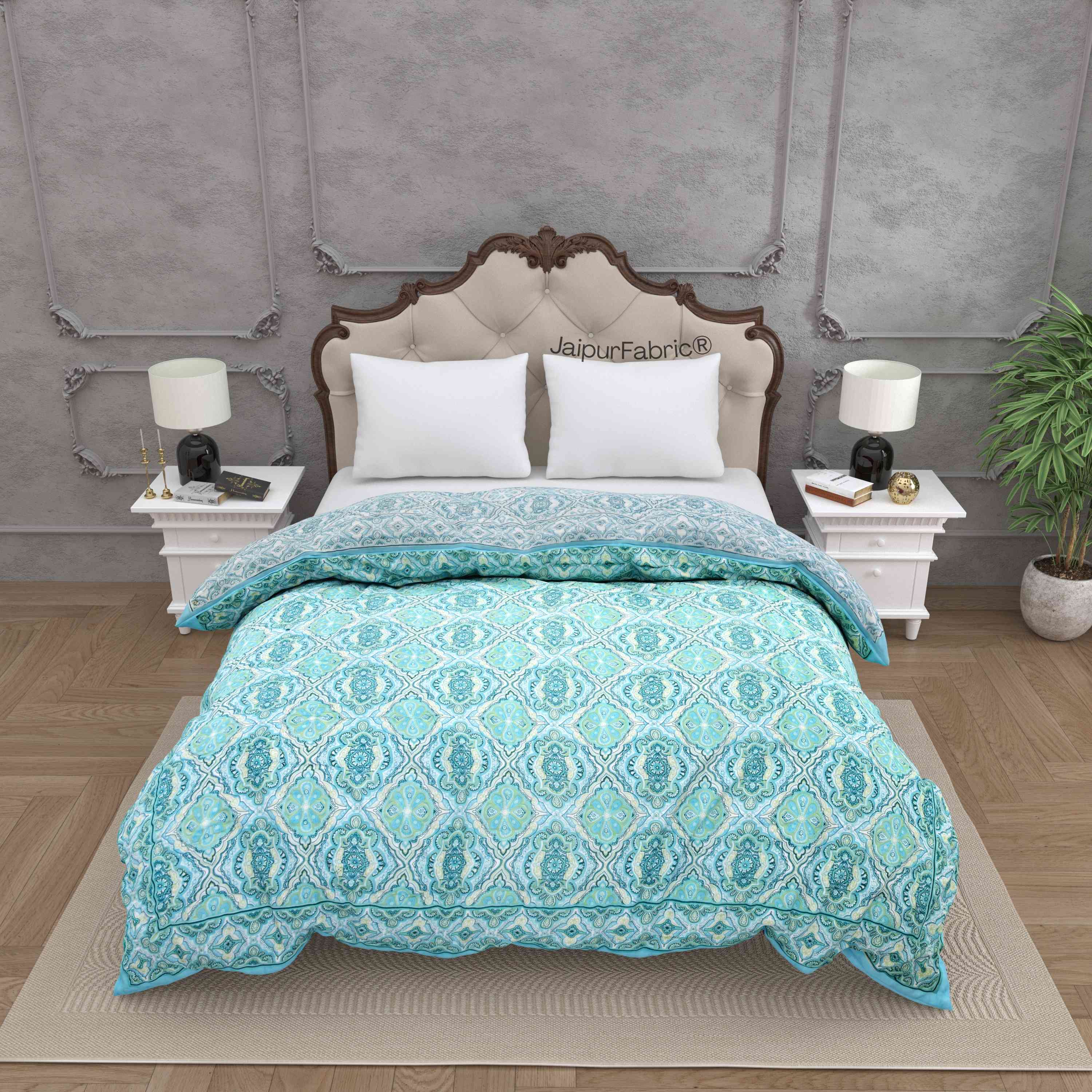 Reversible Quilt Rajai with Turquoise Medallion Dual-Design Print for Stylish Bedrooms