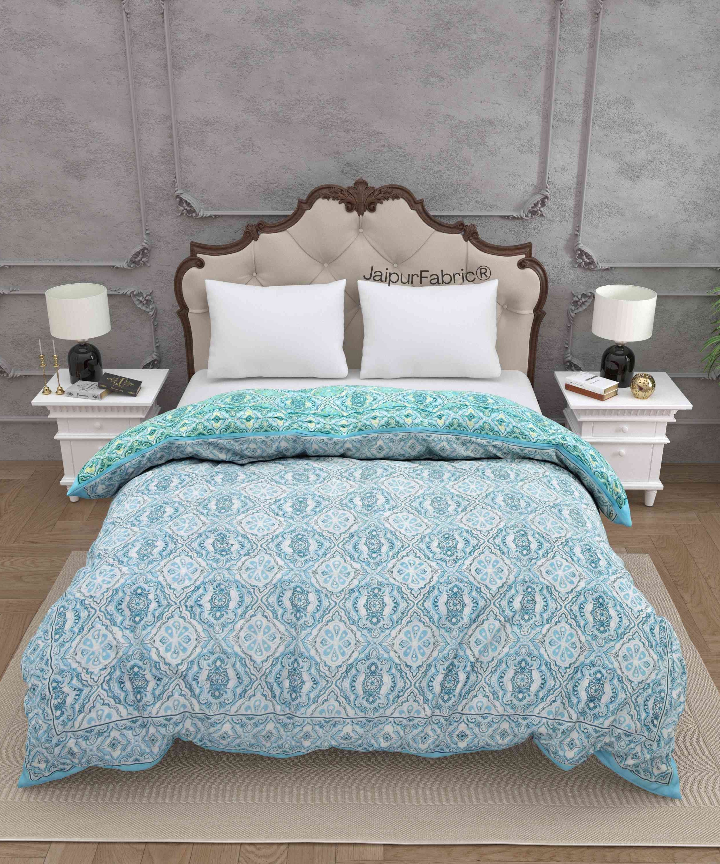 Reversible Quilt Rajai with Turquoise Medallion Dual-Design Print for Stylish Bedrooms