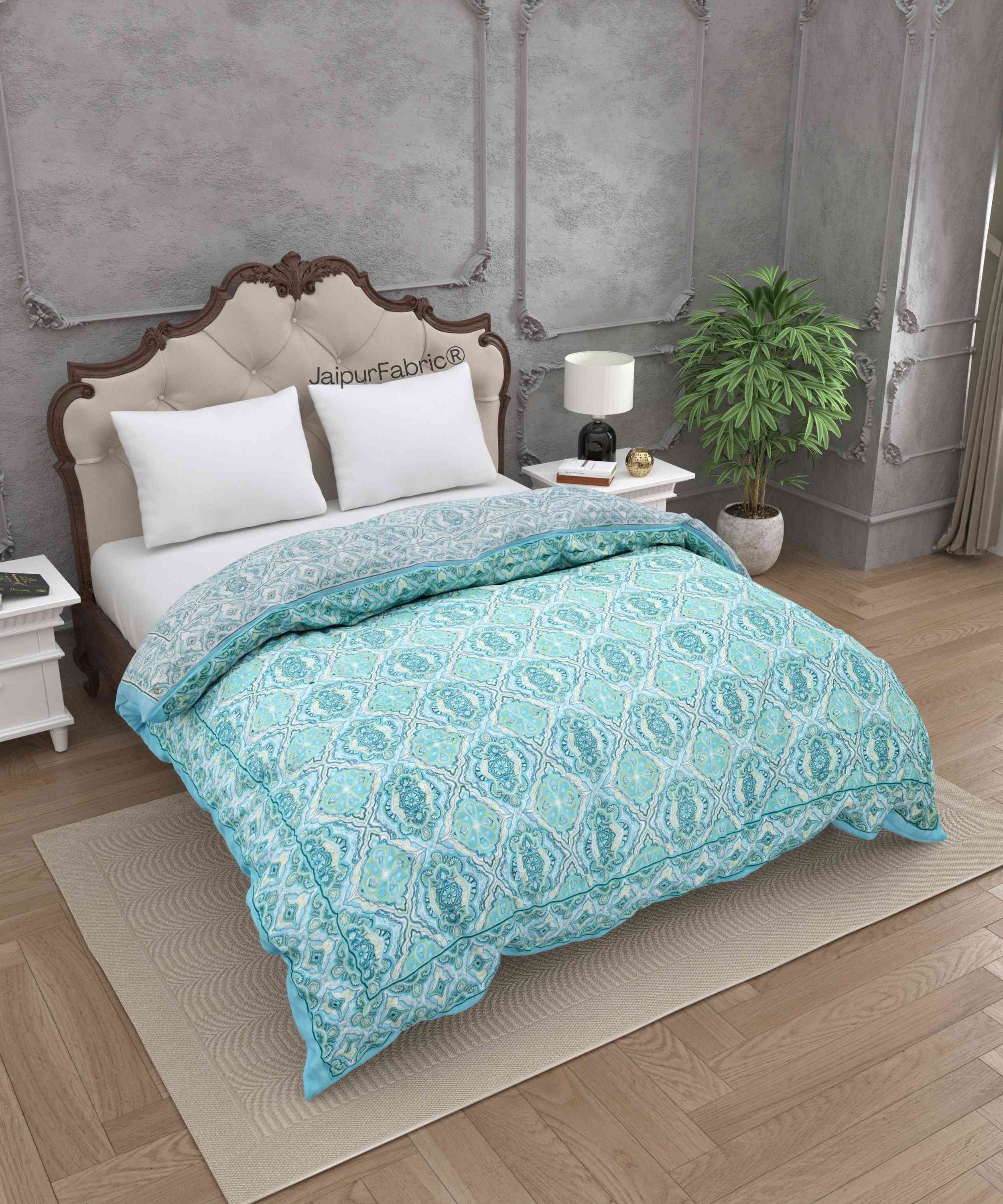 Reversible Quilt Rajai with Turquoise Medallion Dual-Design Print for Stylish Bedrooms