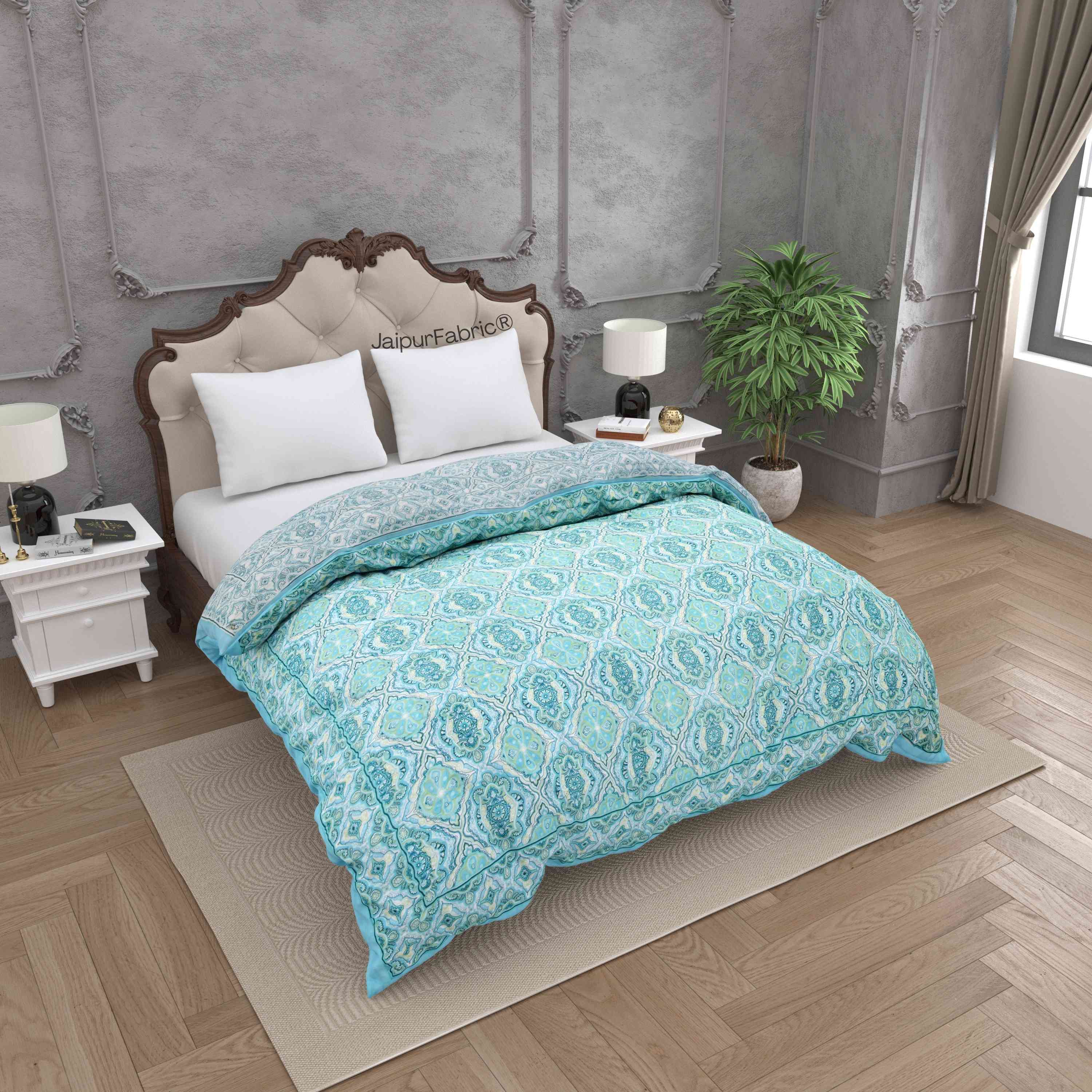 Reversible Quilt Rajai with Turquoise Medallion Dual-Design Print for Stylish Bedrooms