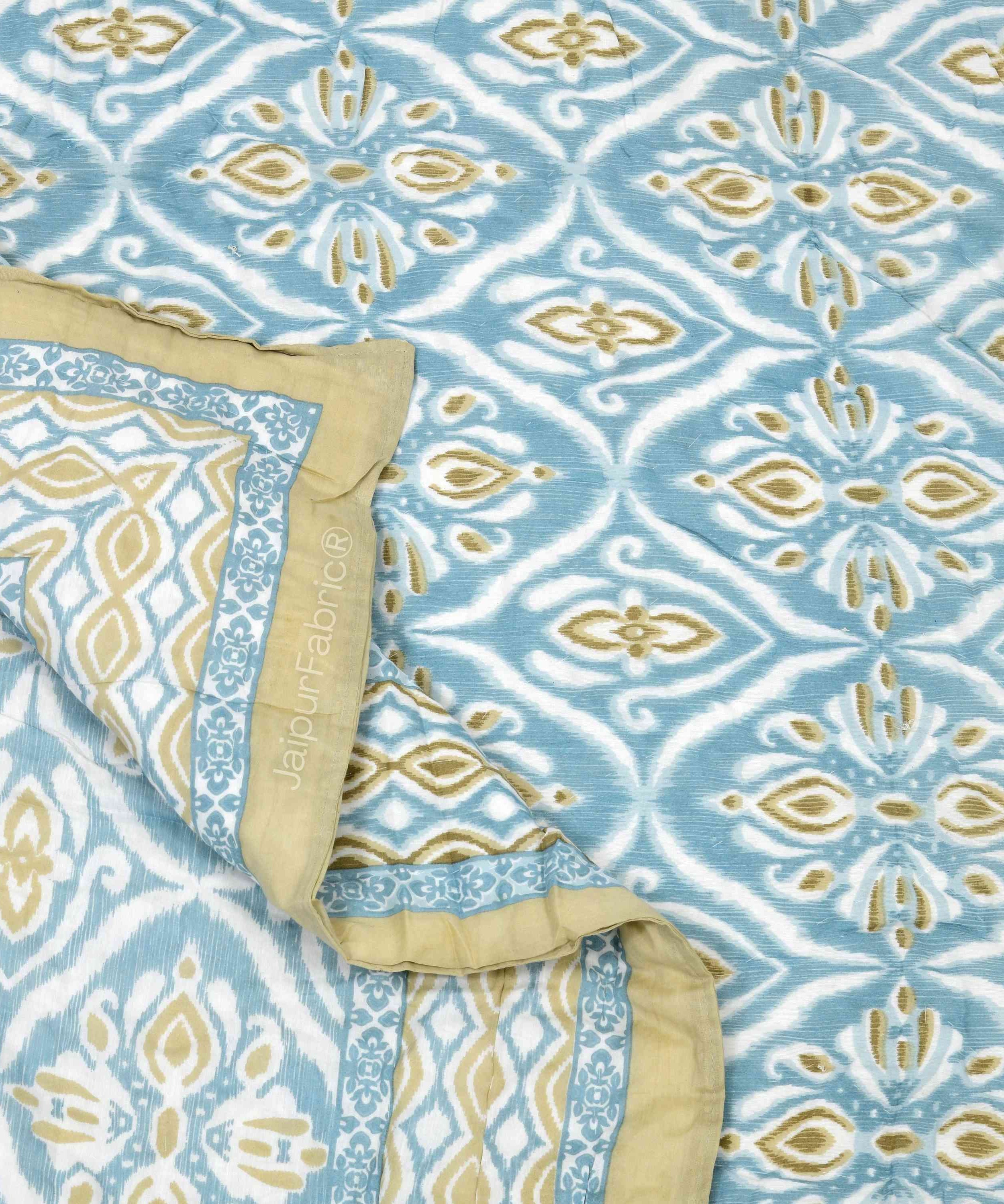 Turquoise Medallion Reversible Double Bed Quilt Rajai with Ornate Geometric Charms Design