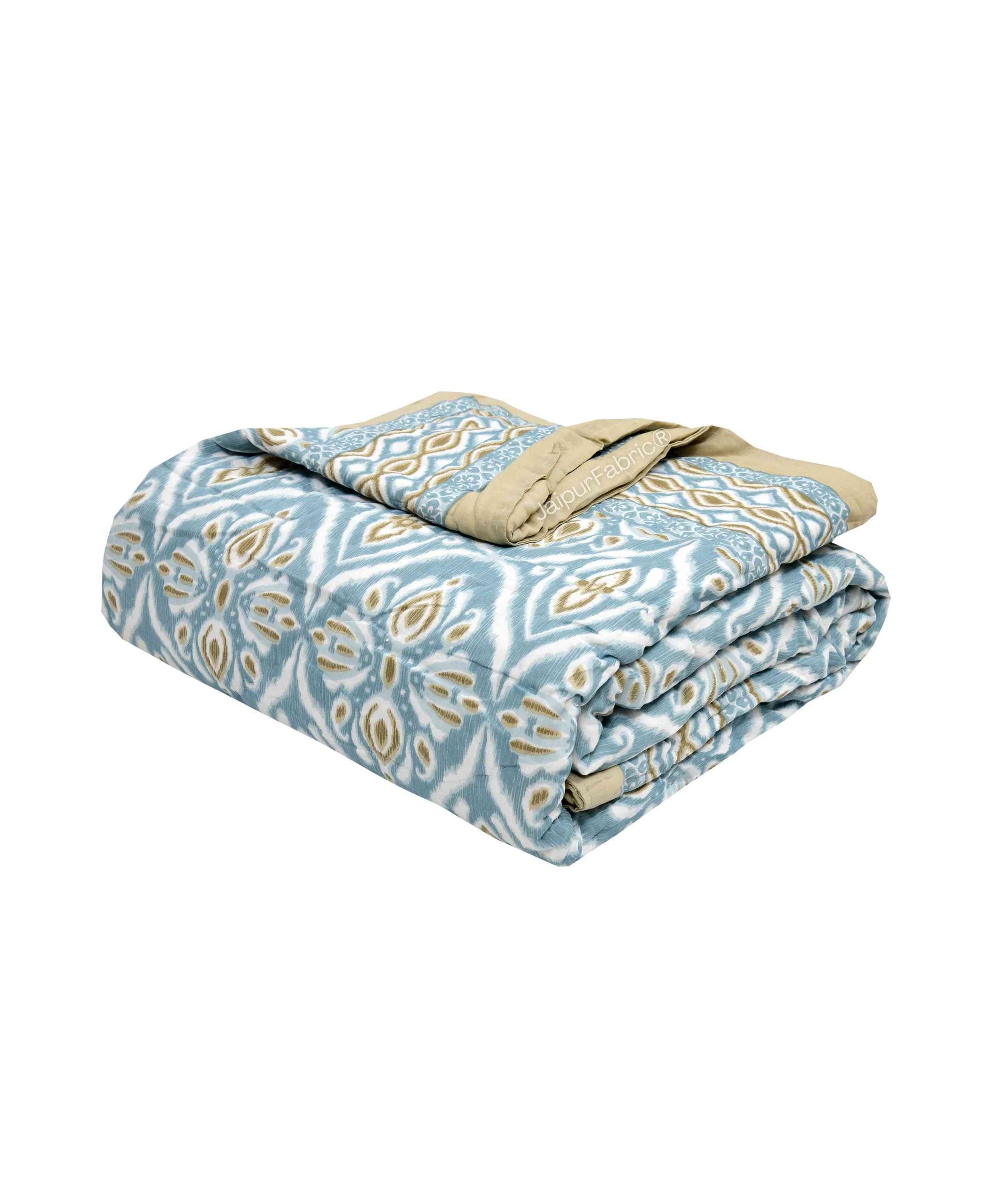 Turquoise Medallion Reversible Double Bed Quilt Rajai with Ornate Geometric Charms Design