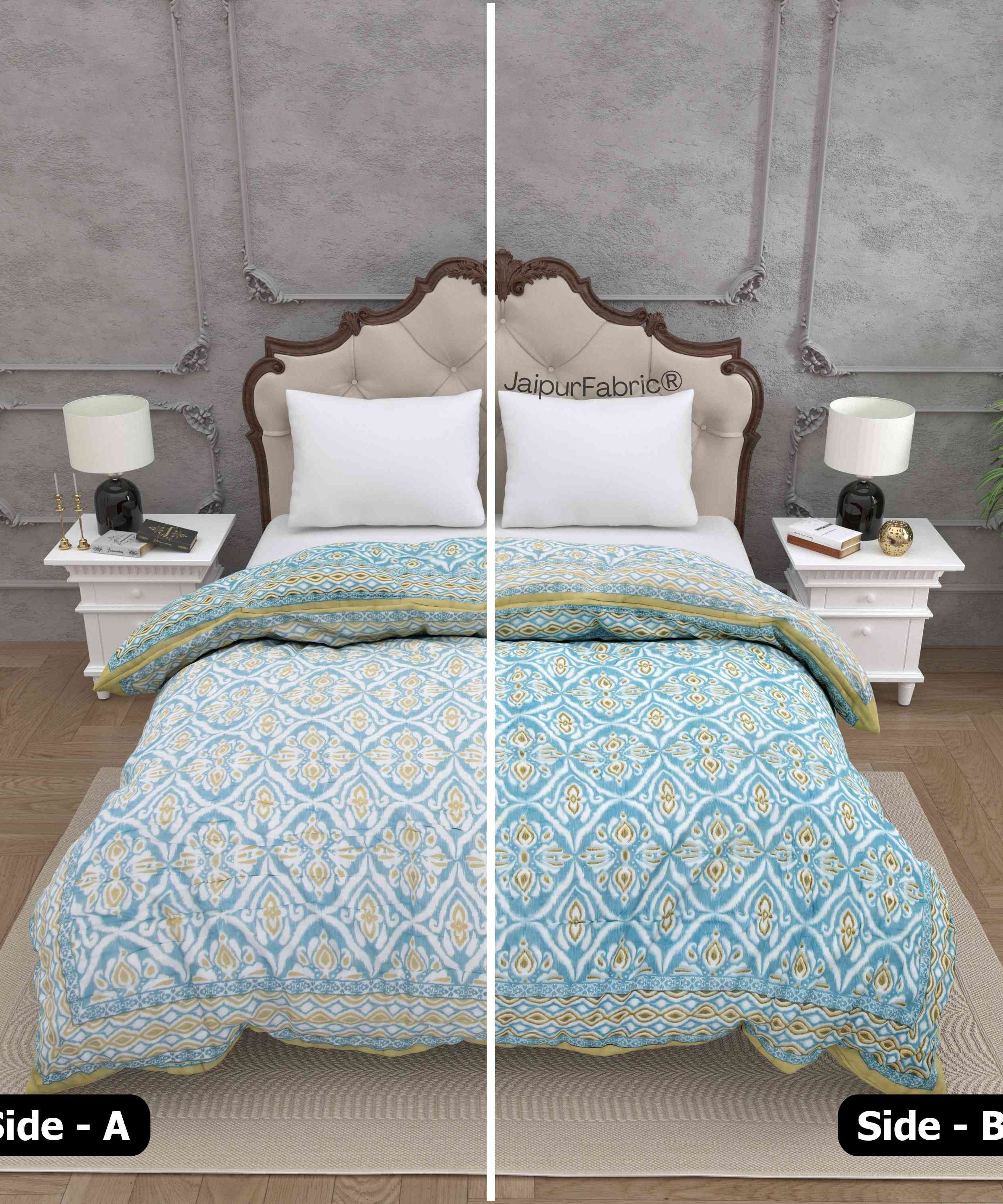 Turquoise Medallion Reversible Double Bed Quilt Rajai with Ornate Geometric Charms Design