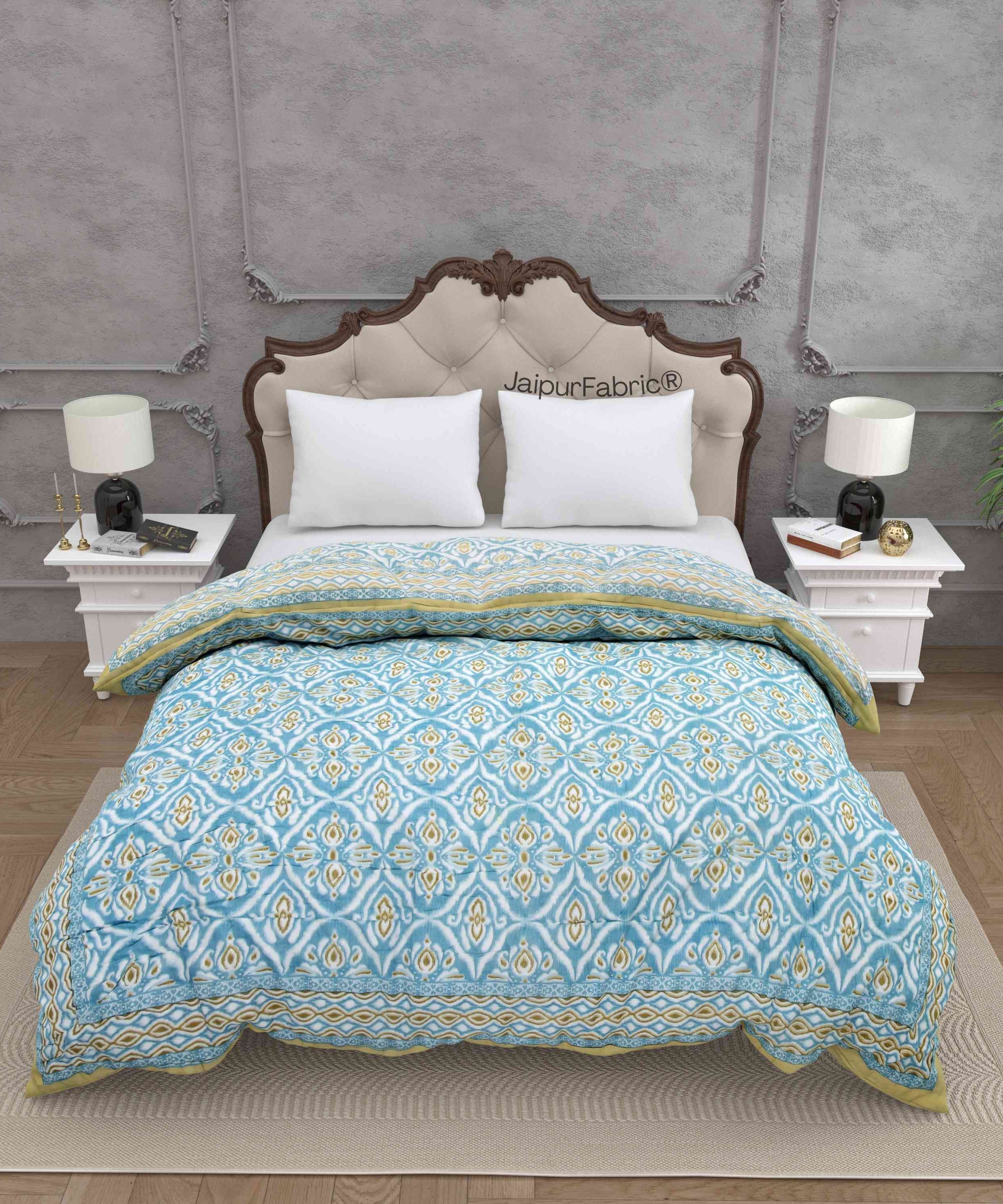 Turquoise Medallion Reversible Double Bed Quilt Rajai with Ornate Geometric Charms Design