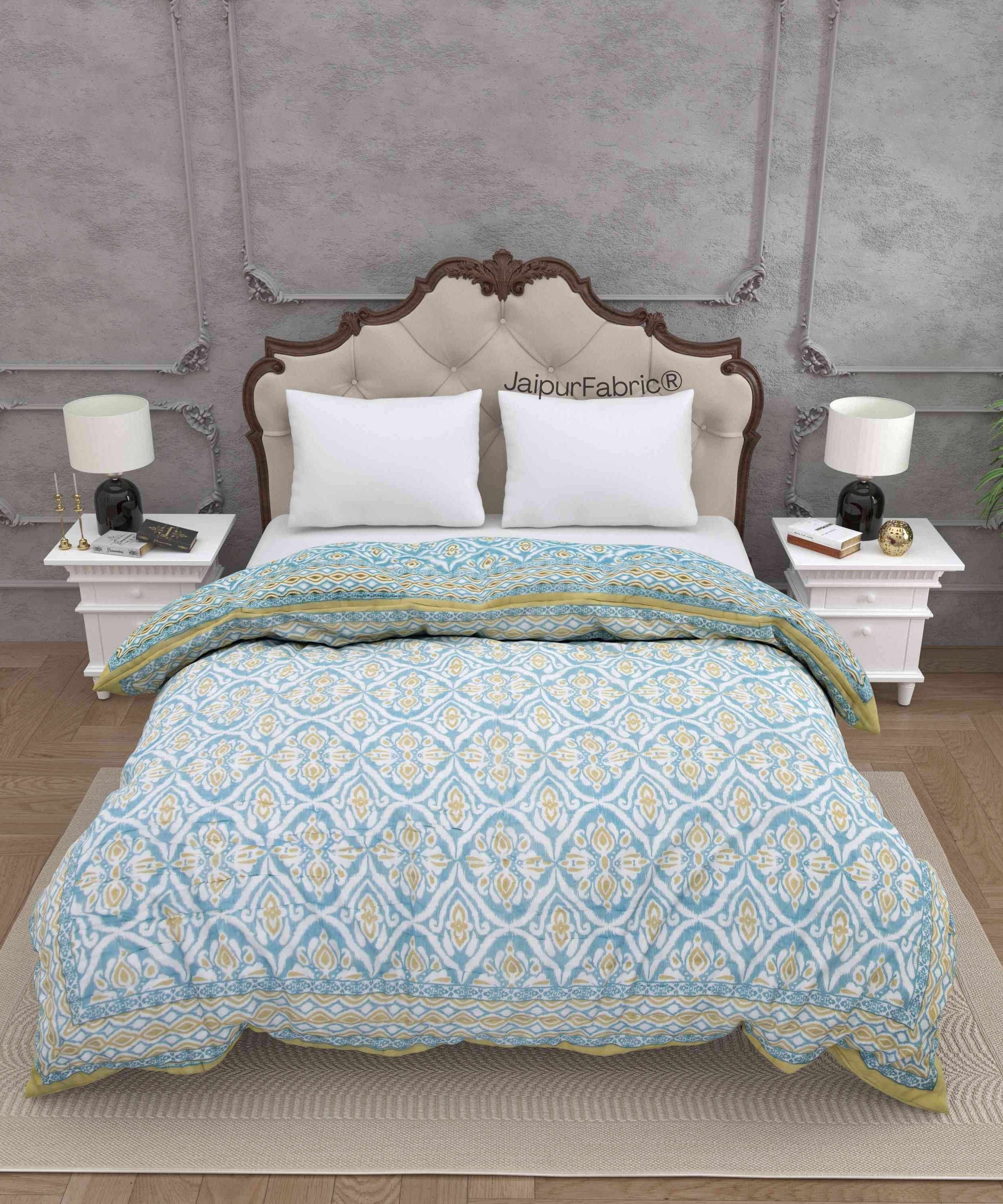 Turquoise Medallion Reversible Double Bed Quilt Rajai with Ornate Geometric Charms Design