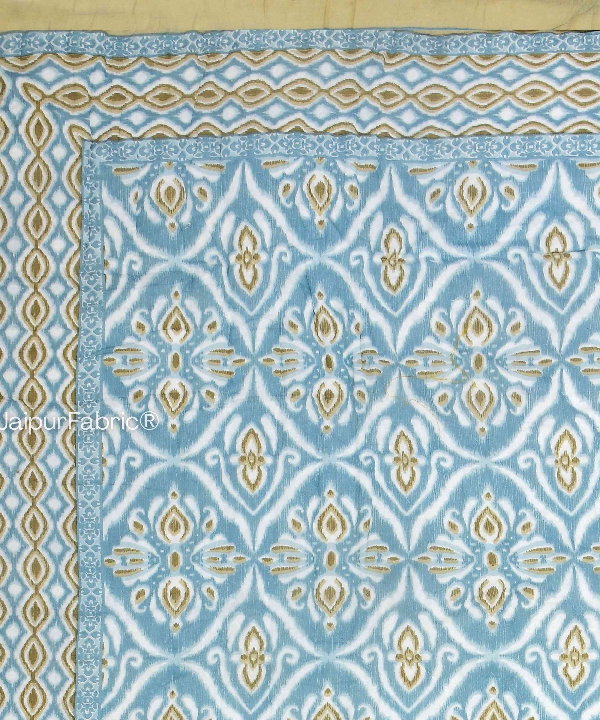 Turquoise Medallion Reversible Double Bed Quilt Rajai with Ornate Geometric Charms Design