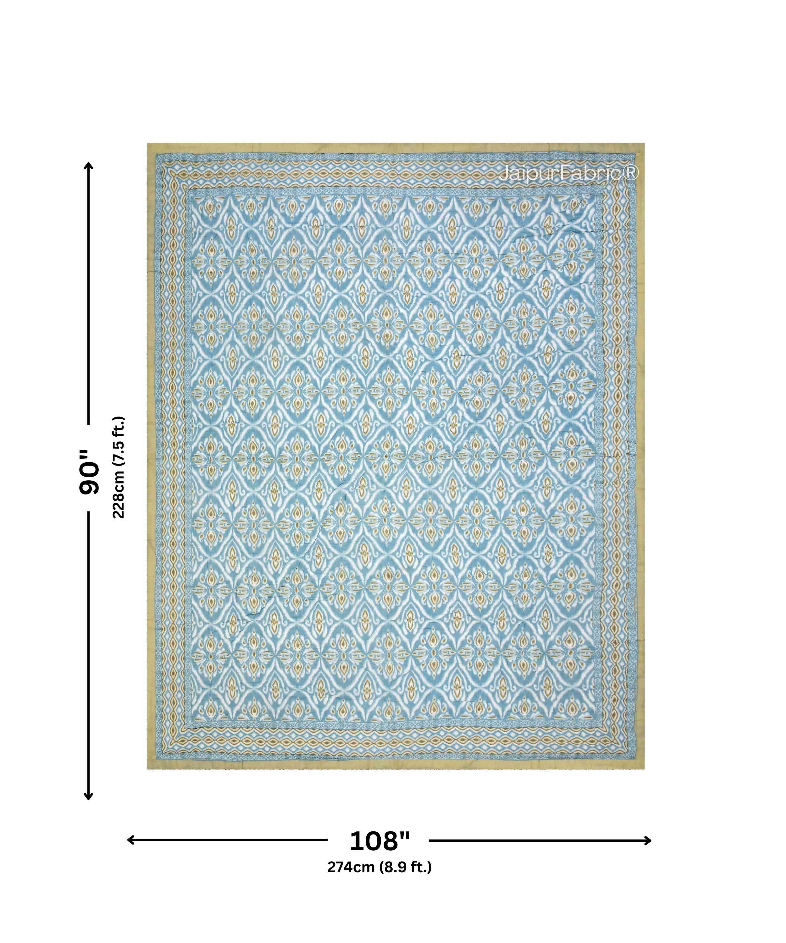 Turquoise Medallion Reversible Double Bed Quilt Rajai with Ornate Geometric Charms Design