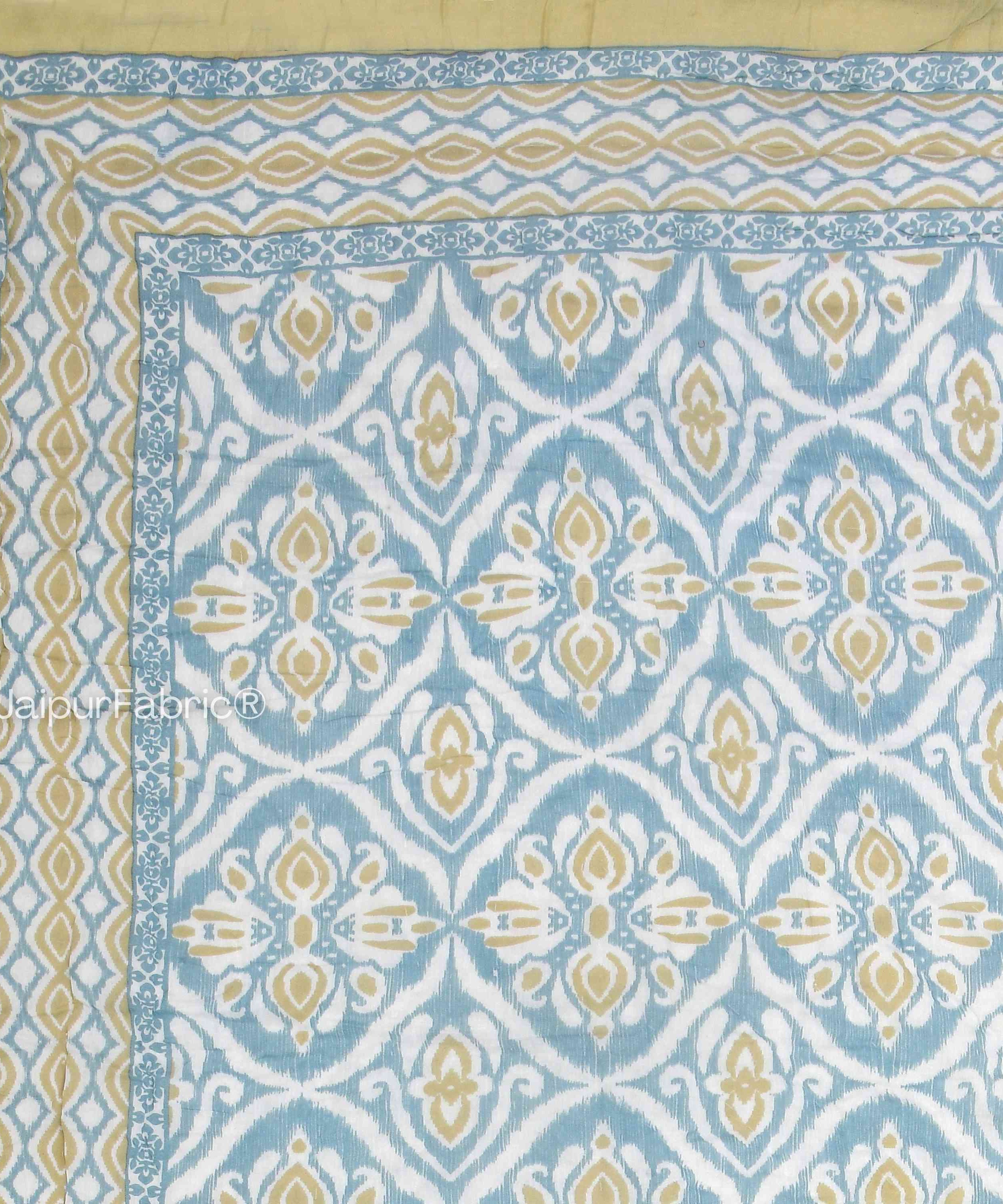 Turquoise Medallion Reversible Double Bed Quilt Rajai with Ornate Geometric Charms Design