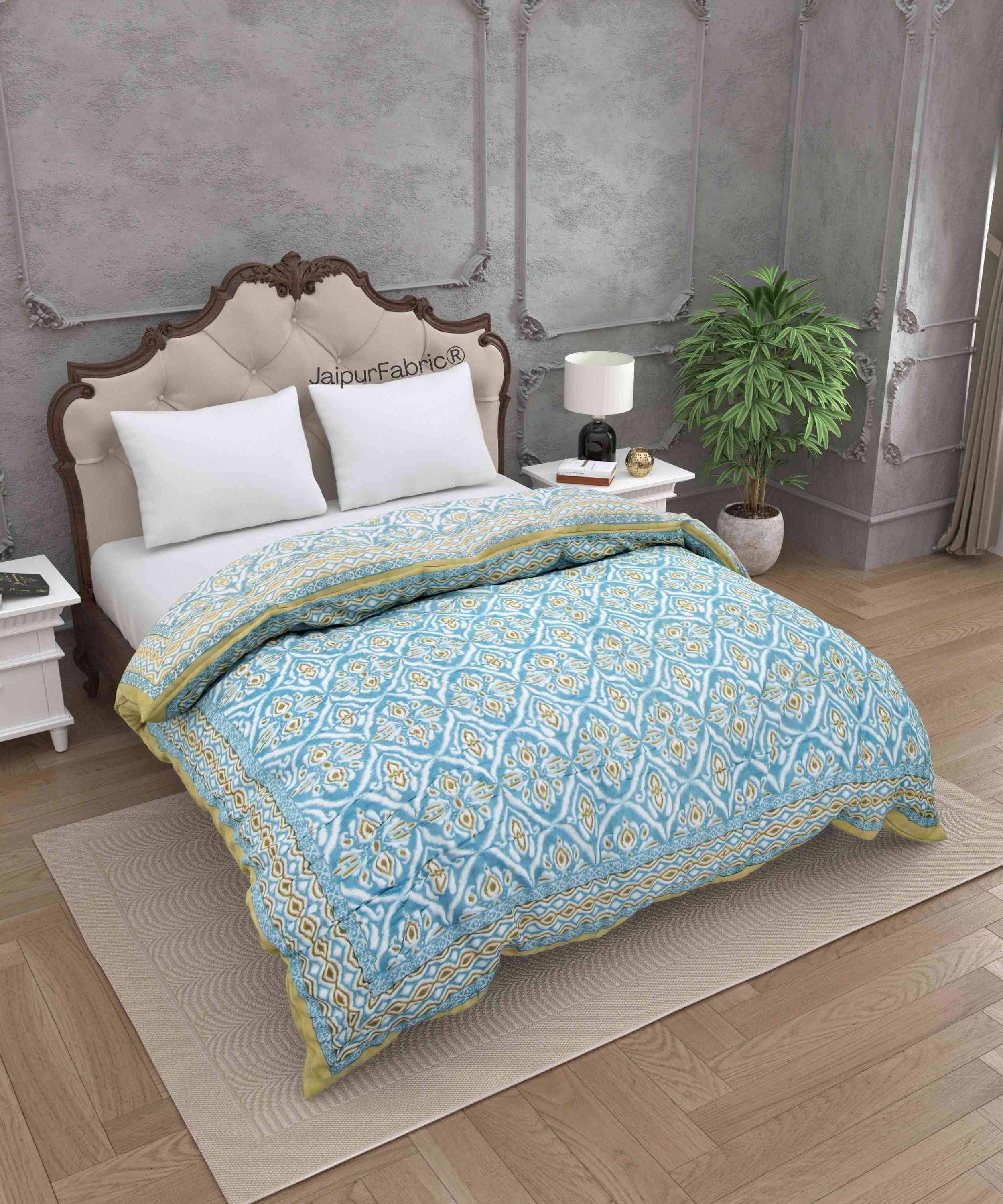 Turquoise Medallion Reversible Double Bed Quilt Rajai with Ornate Geometric Charms Design