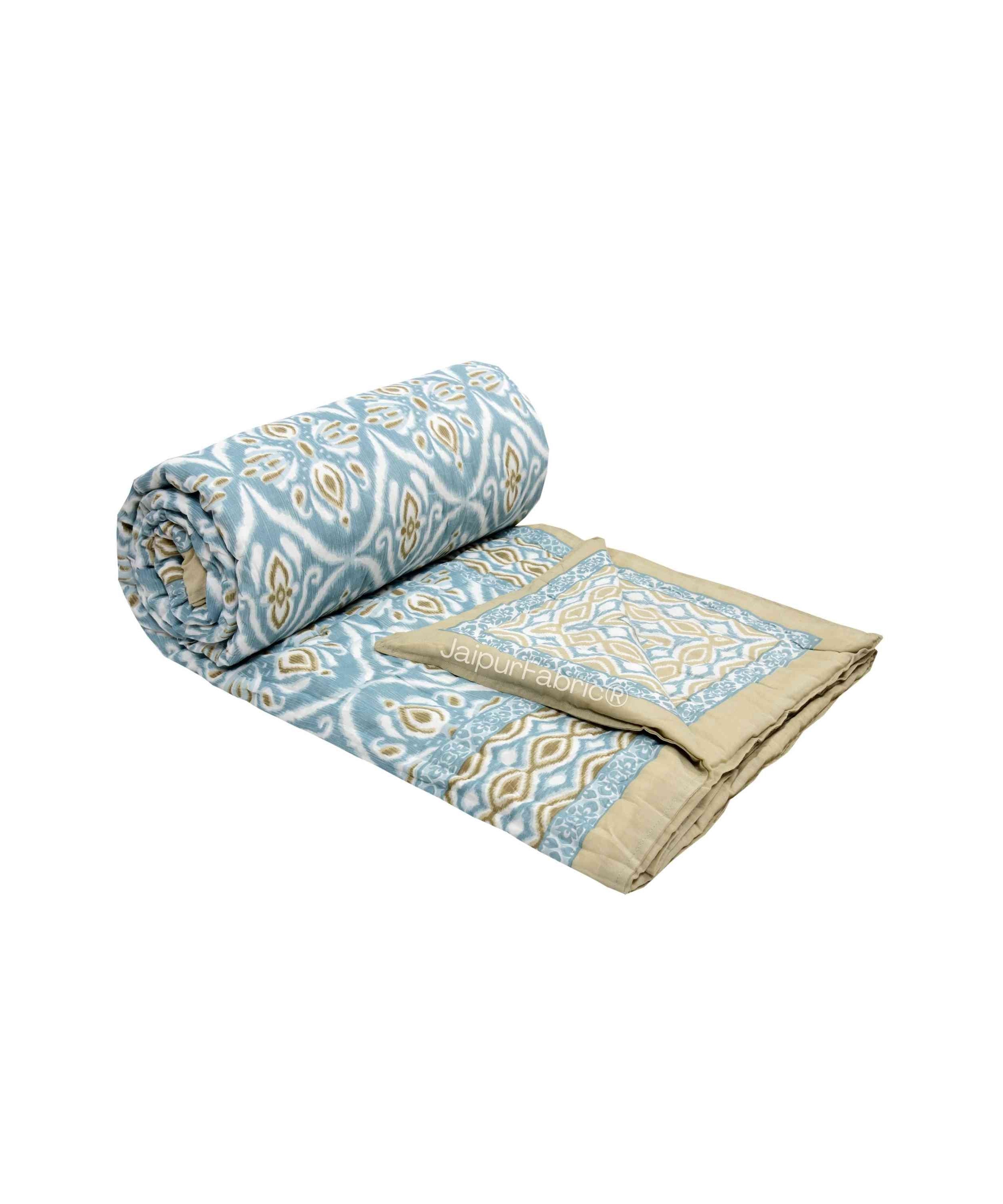 Turquoise Medallion Reversible Double Bed Quilt Rajai with Ornate Geometric Charms Design