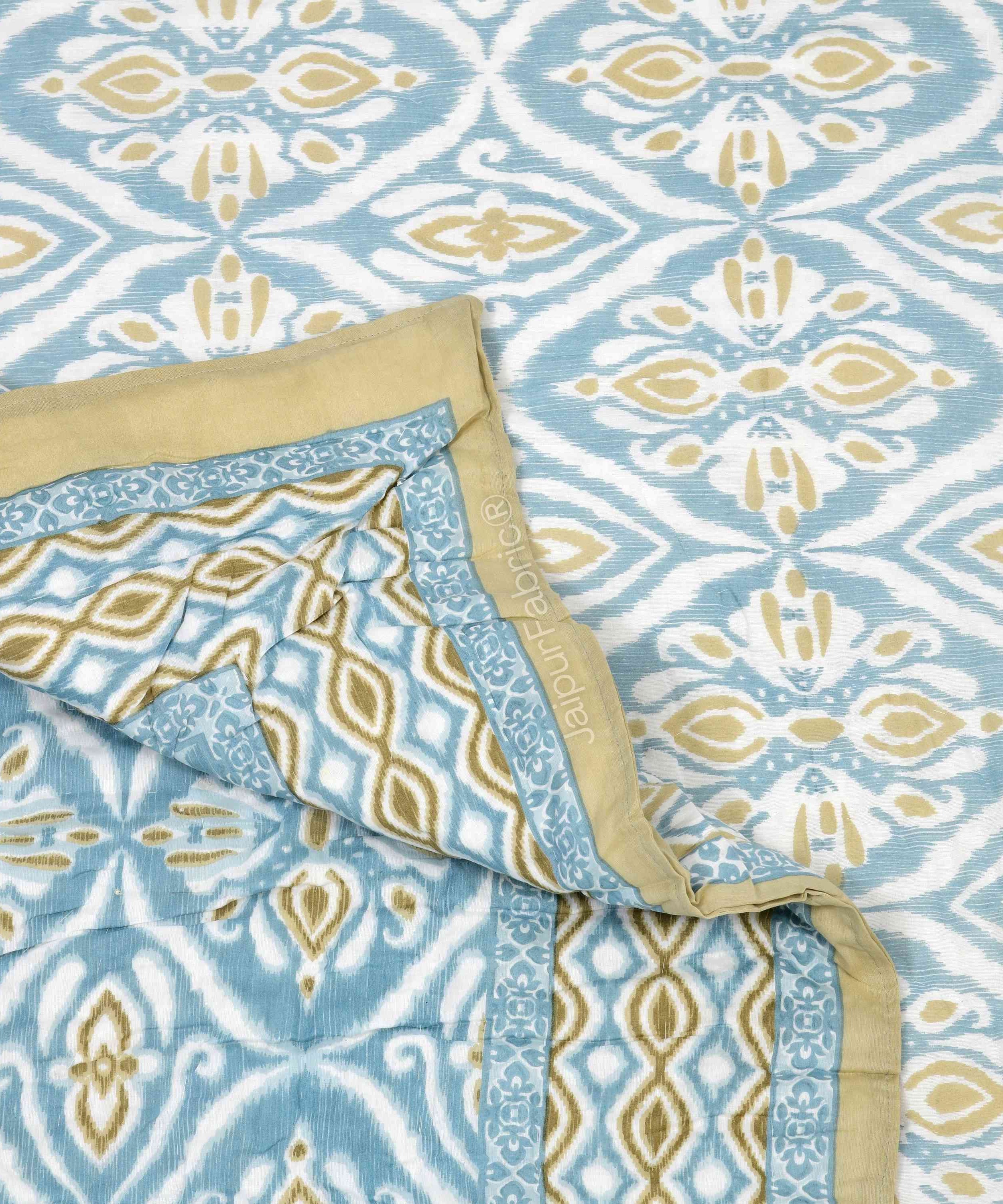 Turquoise Medallion Reversible Double Bed Quilt Rajai with Ornate Geometric Charms Design