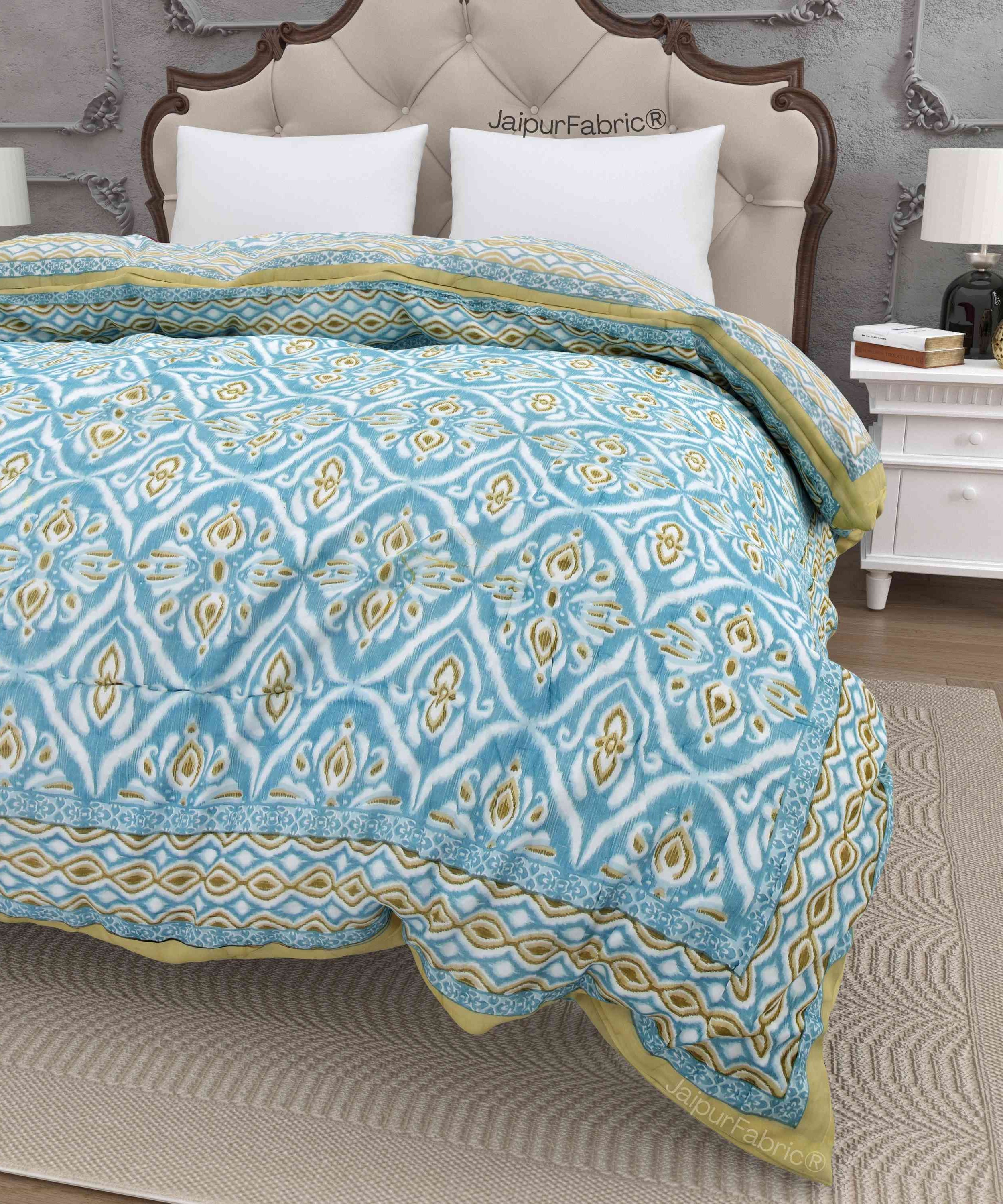 Turquoise Medallion Reversible Double Bed Quilt Rajai with Ornate Geometric Charms Design