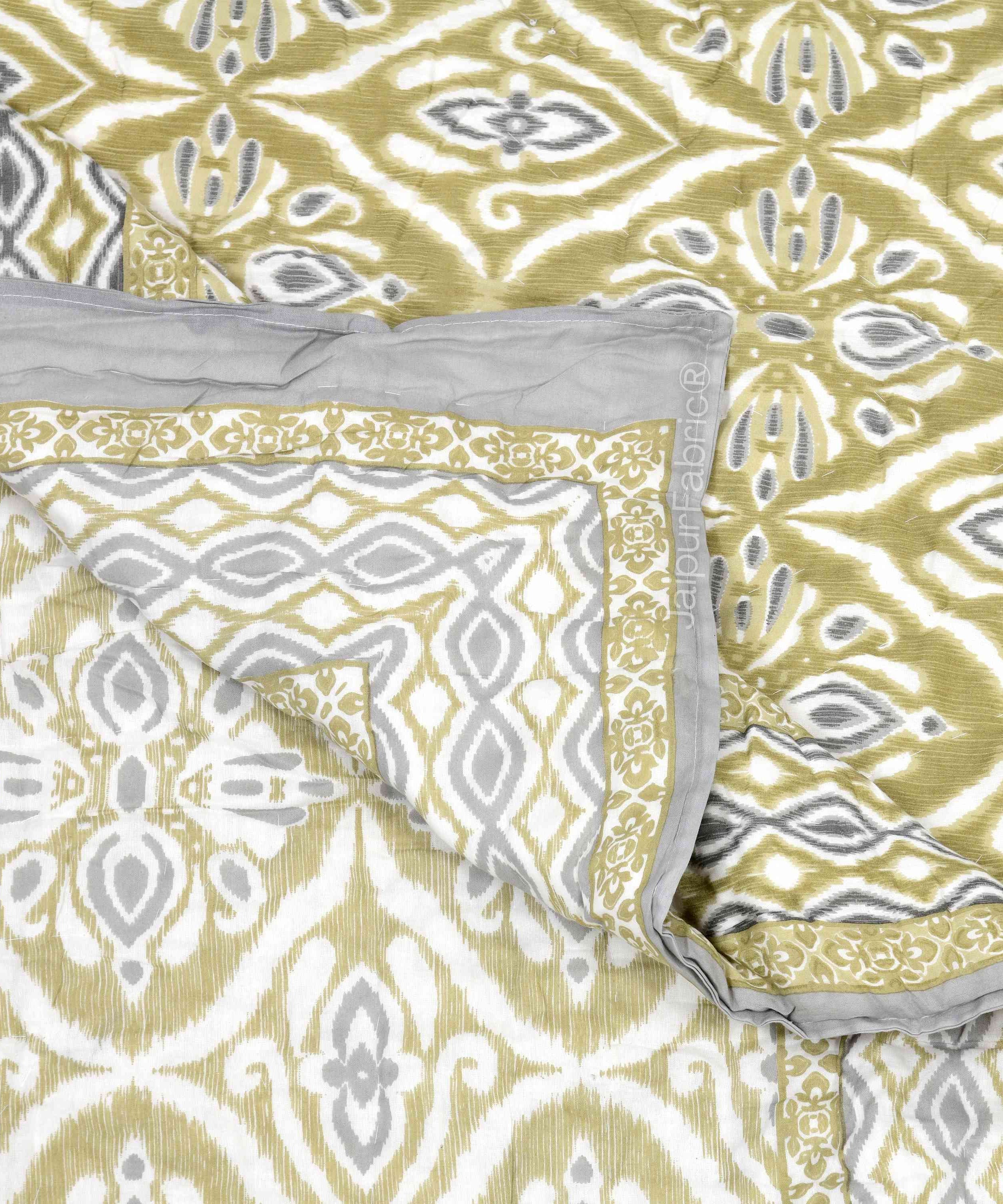 Saffron Splendor Reversible Double Bed Quilt Rajai with Ornate Geometric Charms Design