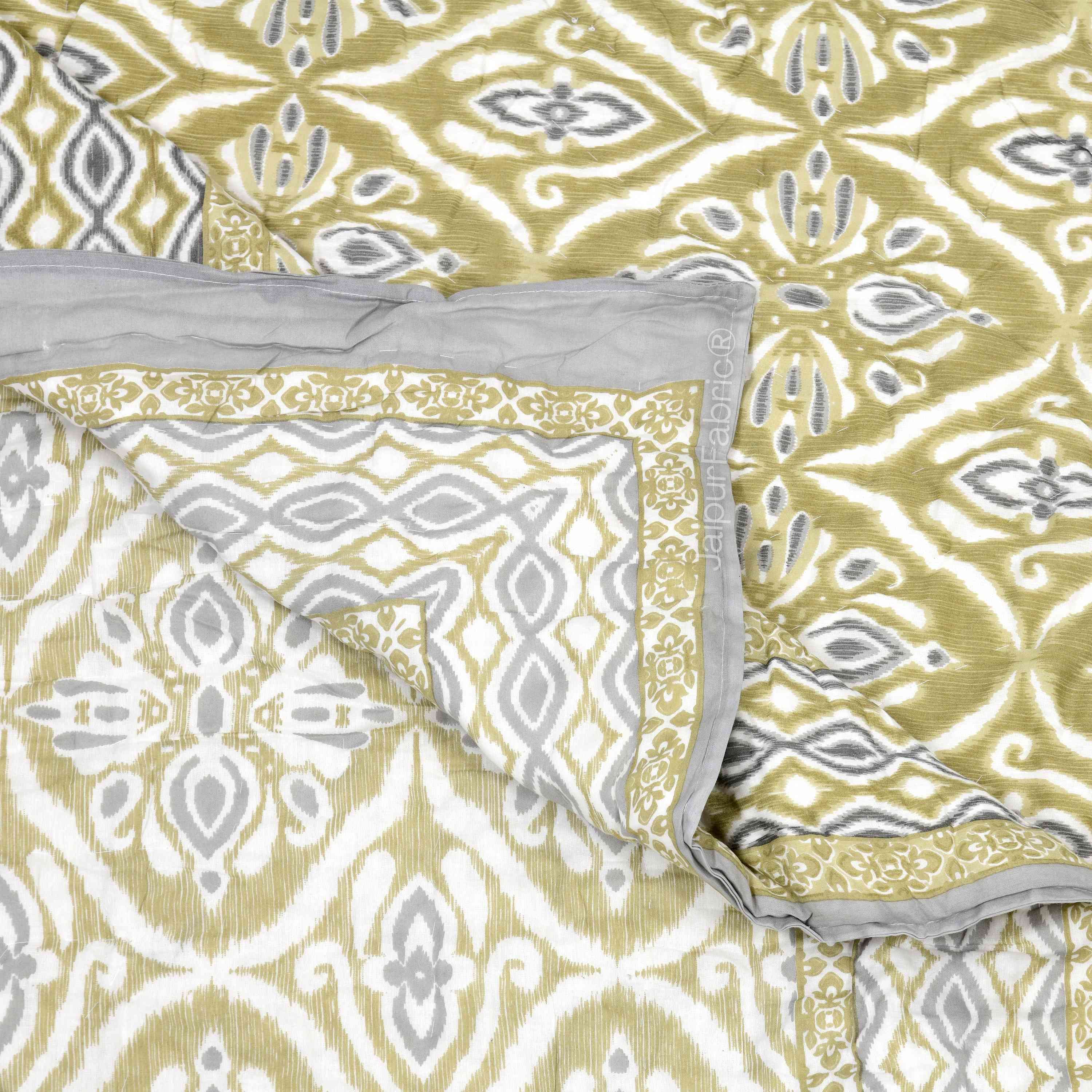 Saffron Splendor Reversible Double Bed Quilt Rajai with Ornate Geometric Charms Design