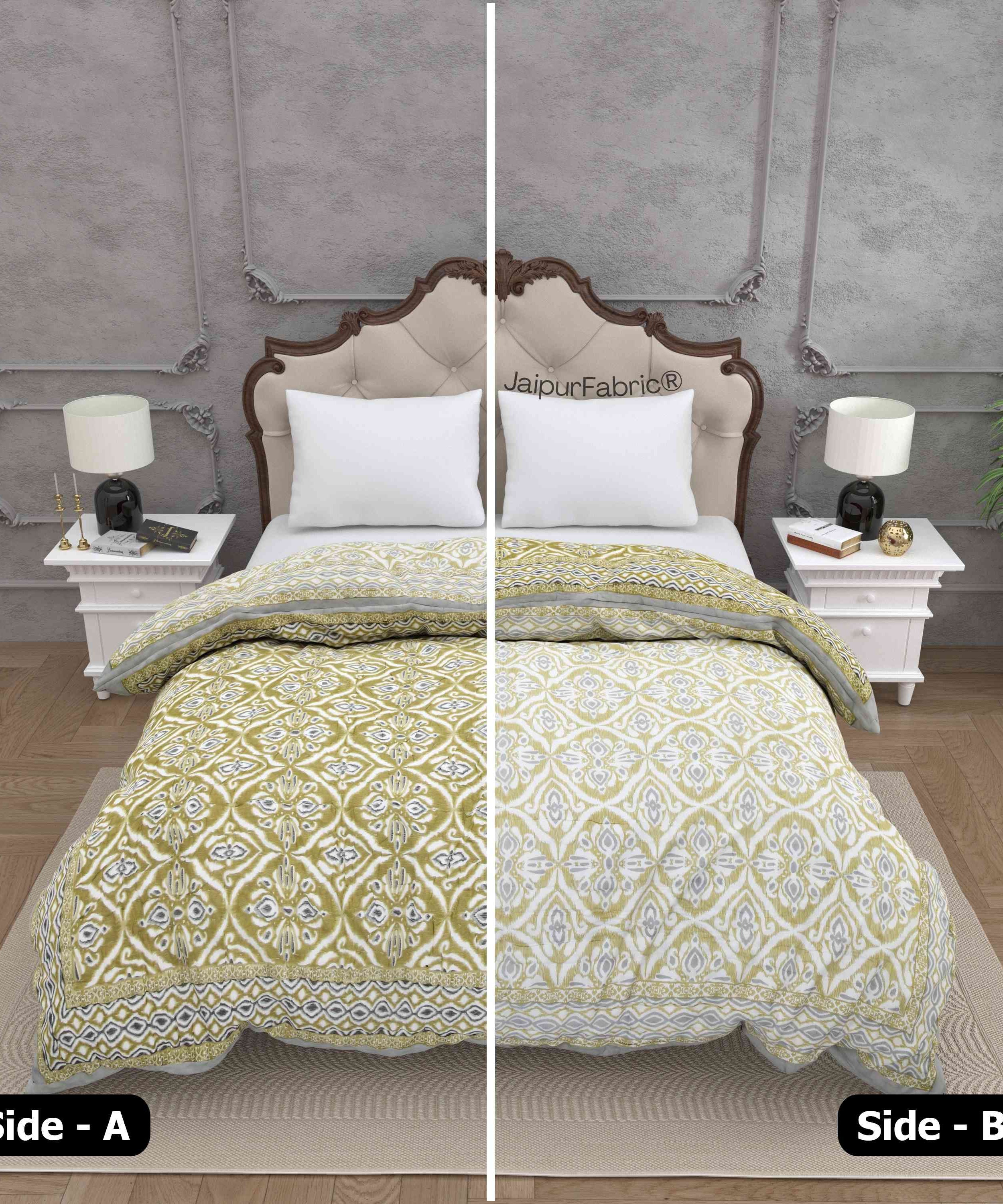 Saffron Splendor Reversible Double Bed Quilt Rajai with Ornate Geometric Charms Design
