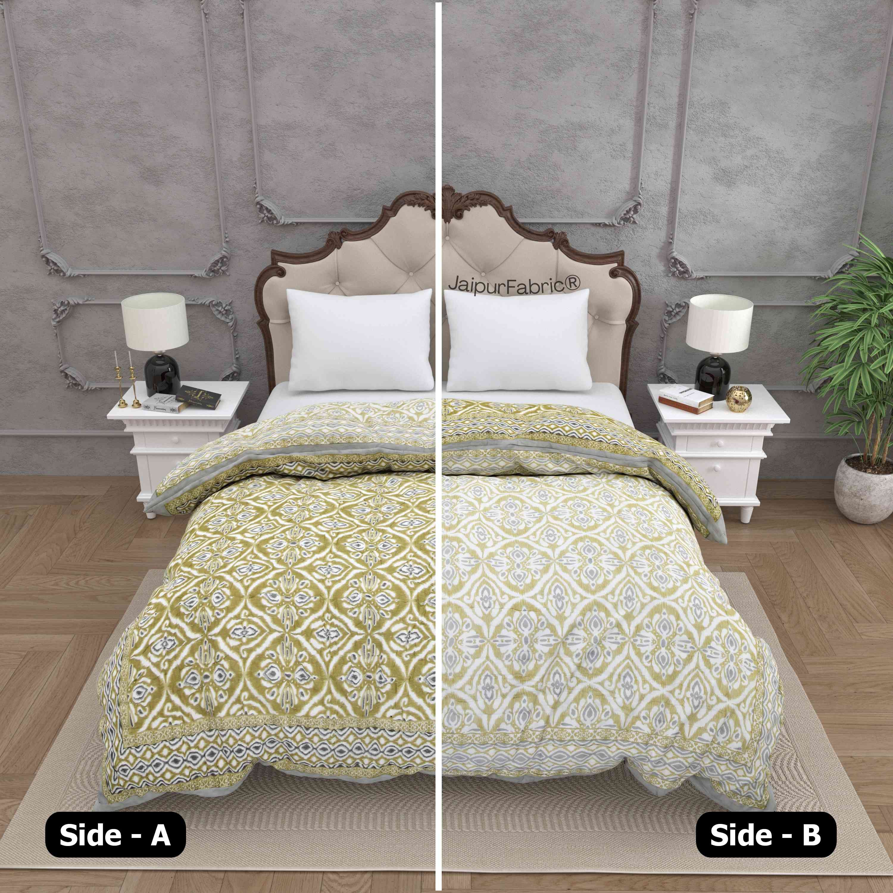 Saffron Splendor Reversible Double Bed Quilt Rajai with Ornate Geometric Charms Design