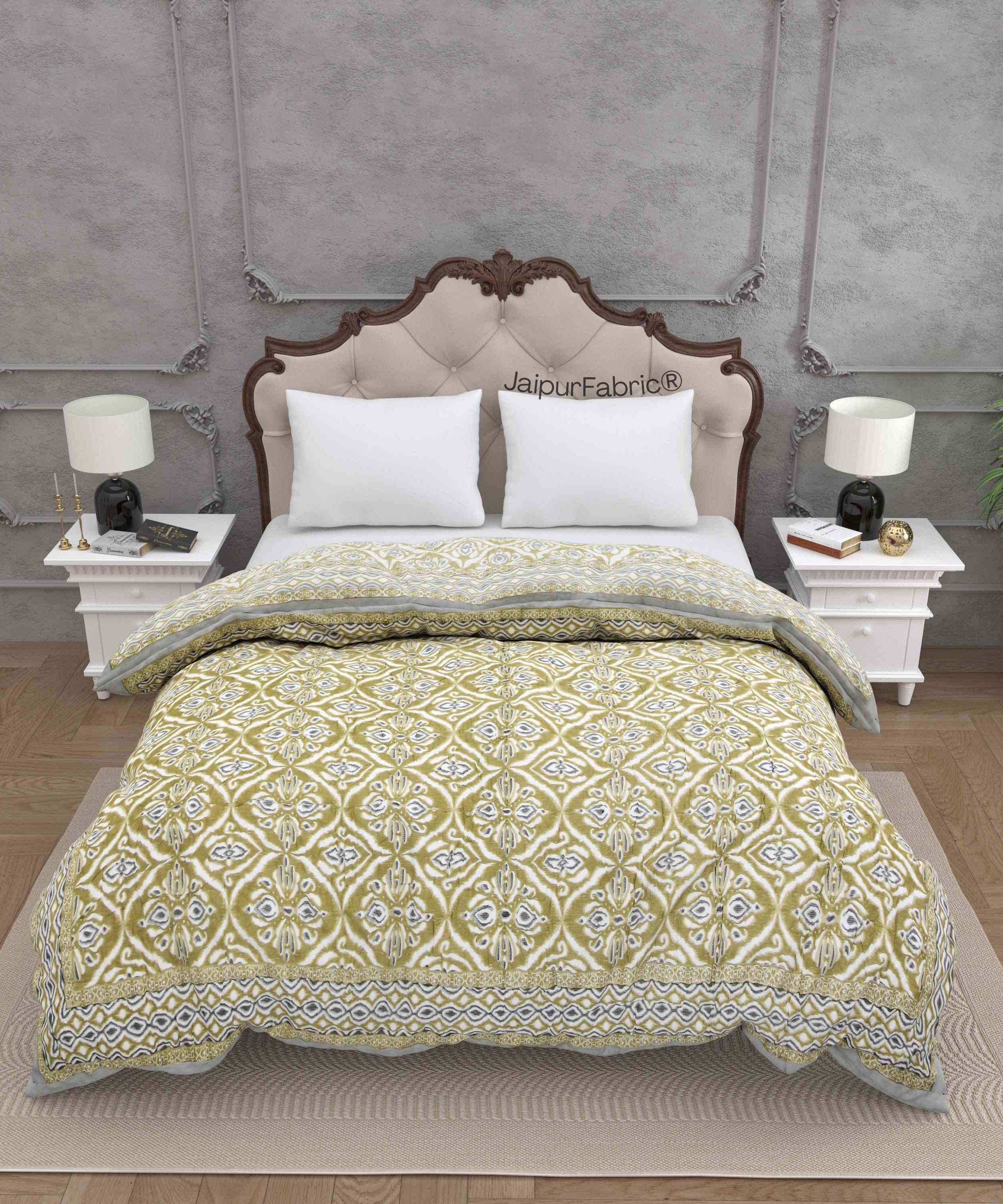 Saffron Splendor Reversible Double Bed Quilt Rajai with Ornate Geometric Charms Design