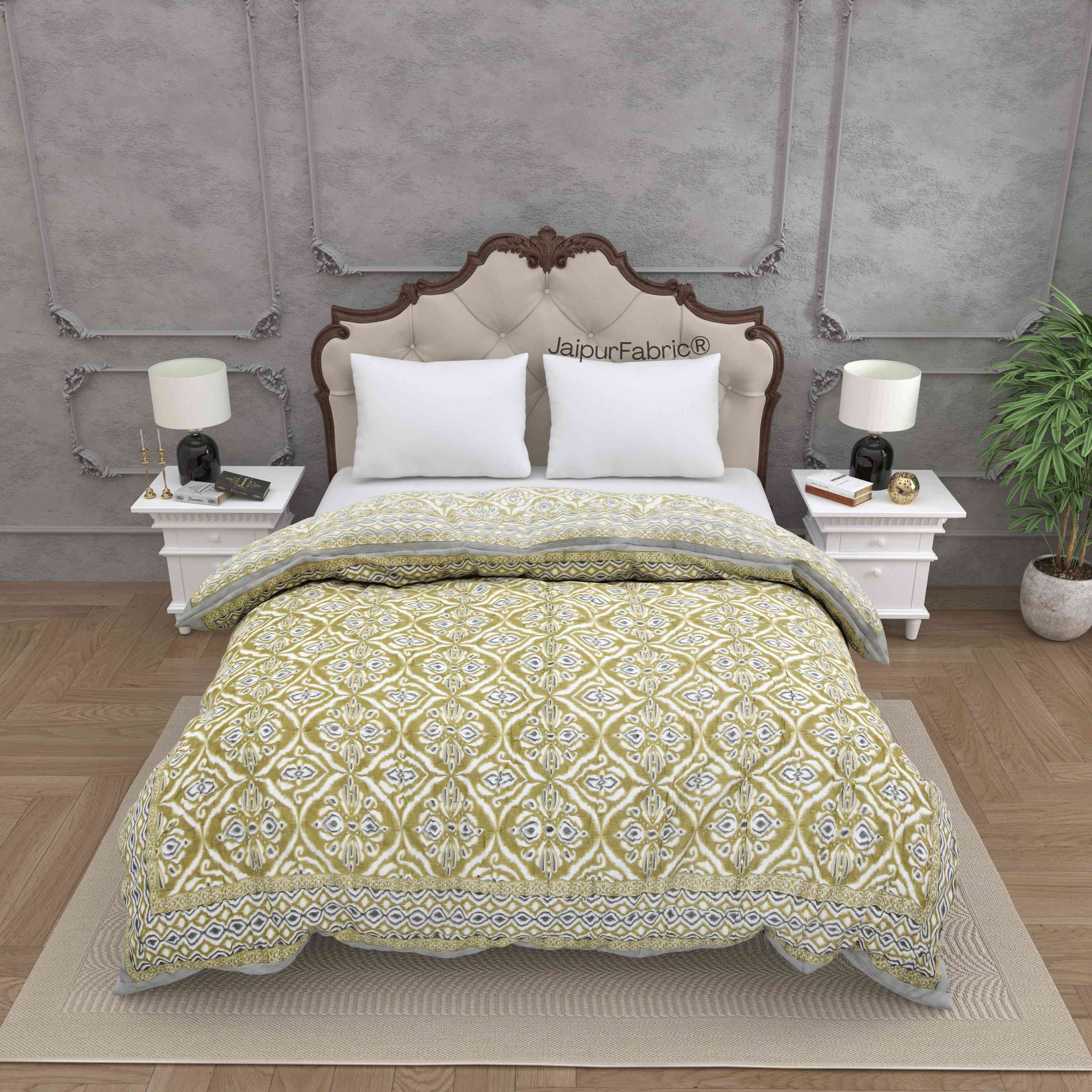 Saffron Splendor Reversible Double Bed Quilt Rajai with Ornate Geometric Charms Design