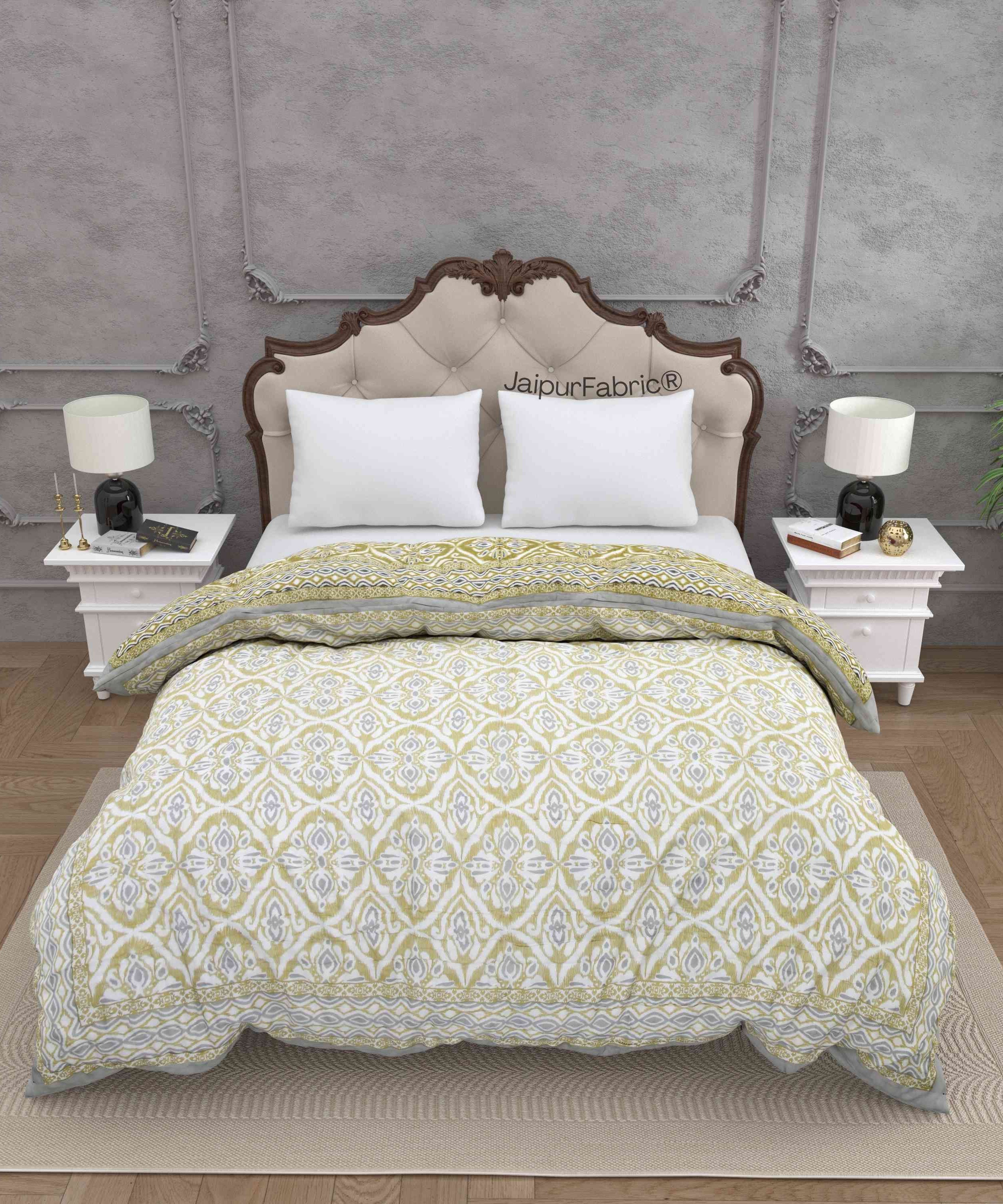 Saffron Splendor Reversible Double Bed Quilt Rajai with Ornate Geometric Charms Design
