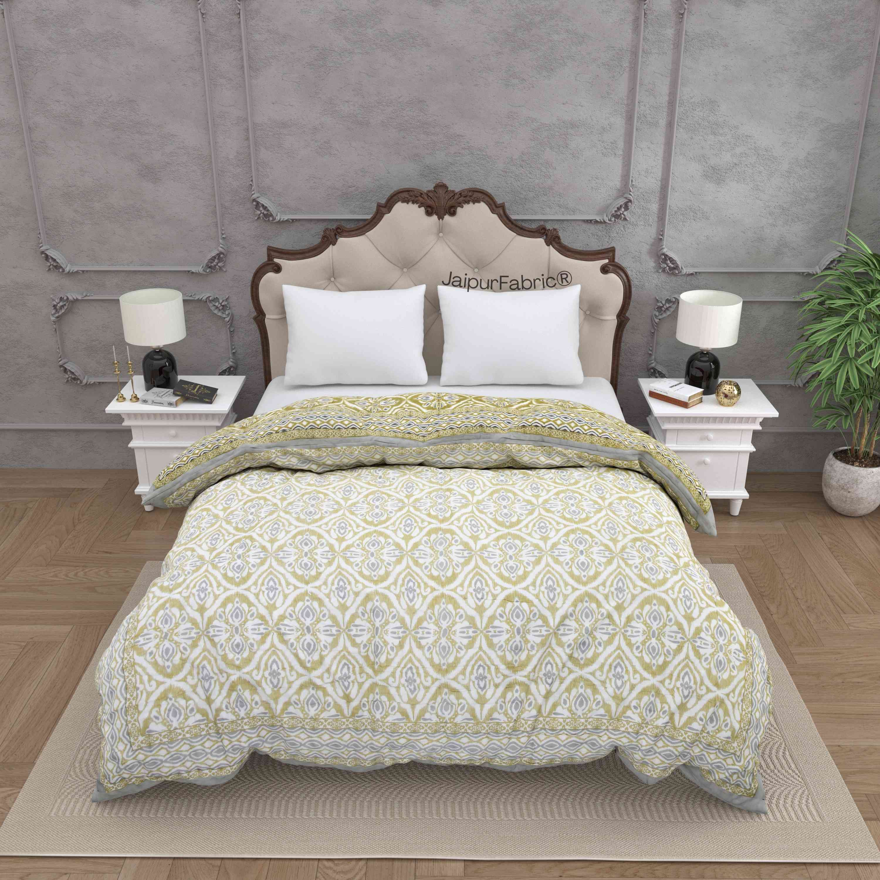 Saffron Splendor Reversible Double Bed Quilt Rajai with Ornate Geometric Charms Design
