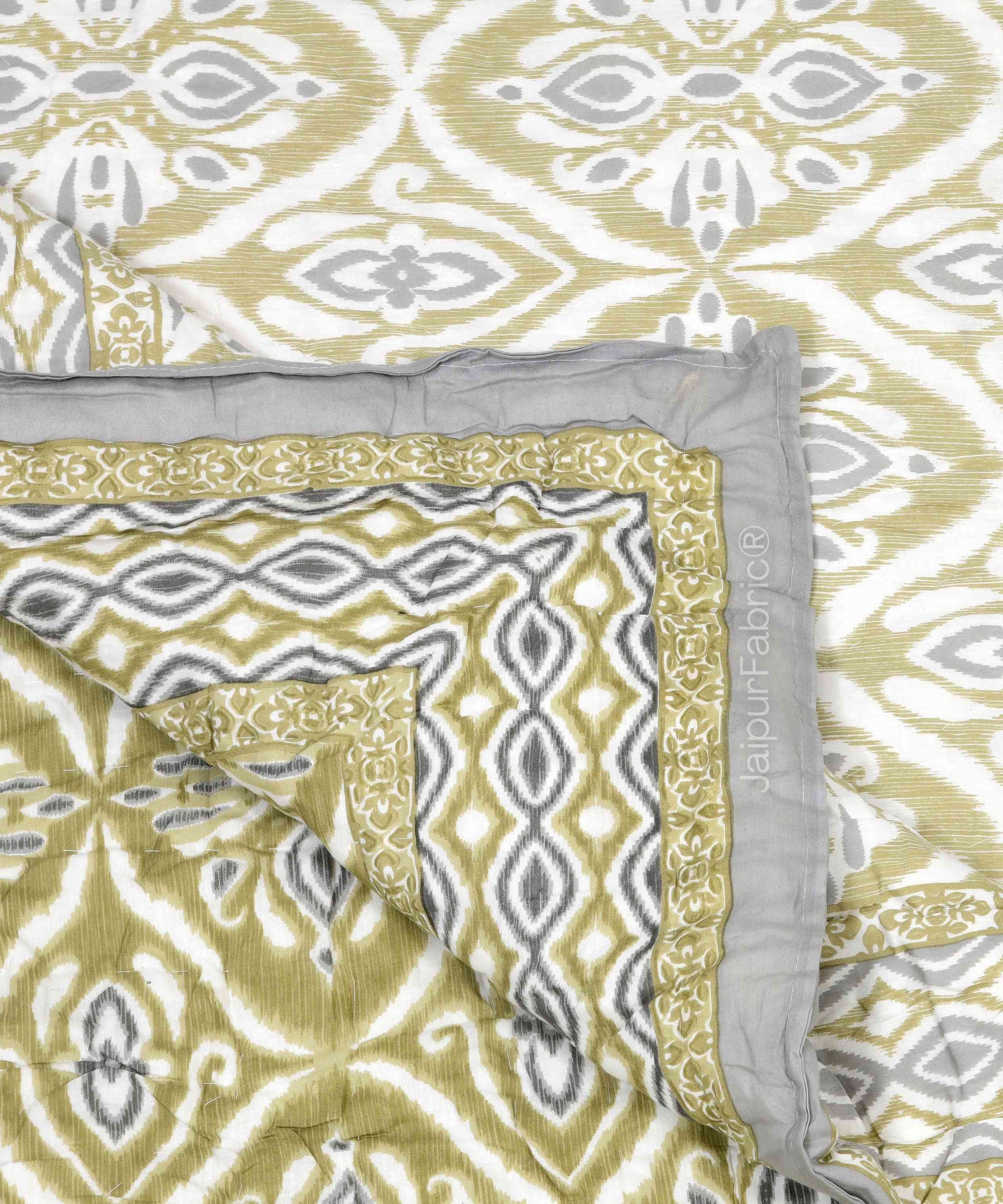 Saffron Splendor Reversible Double Bed Quilt Rajai with Ornate Geometric Charms Design