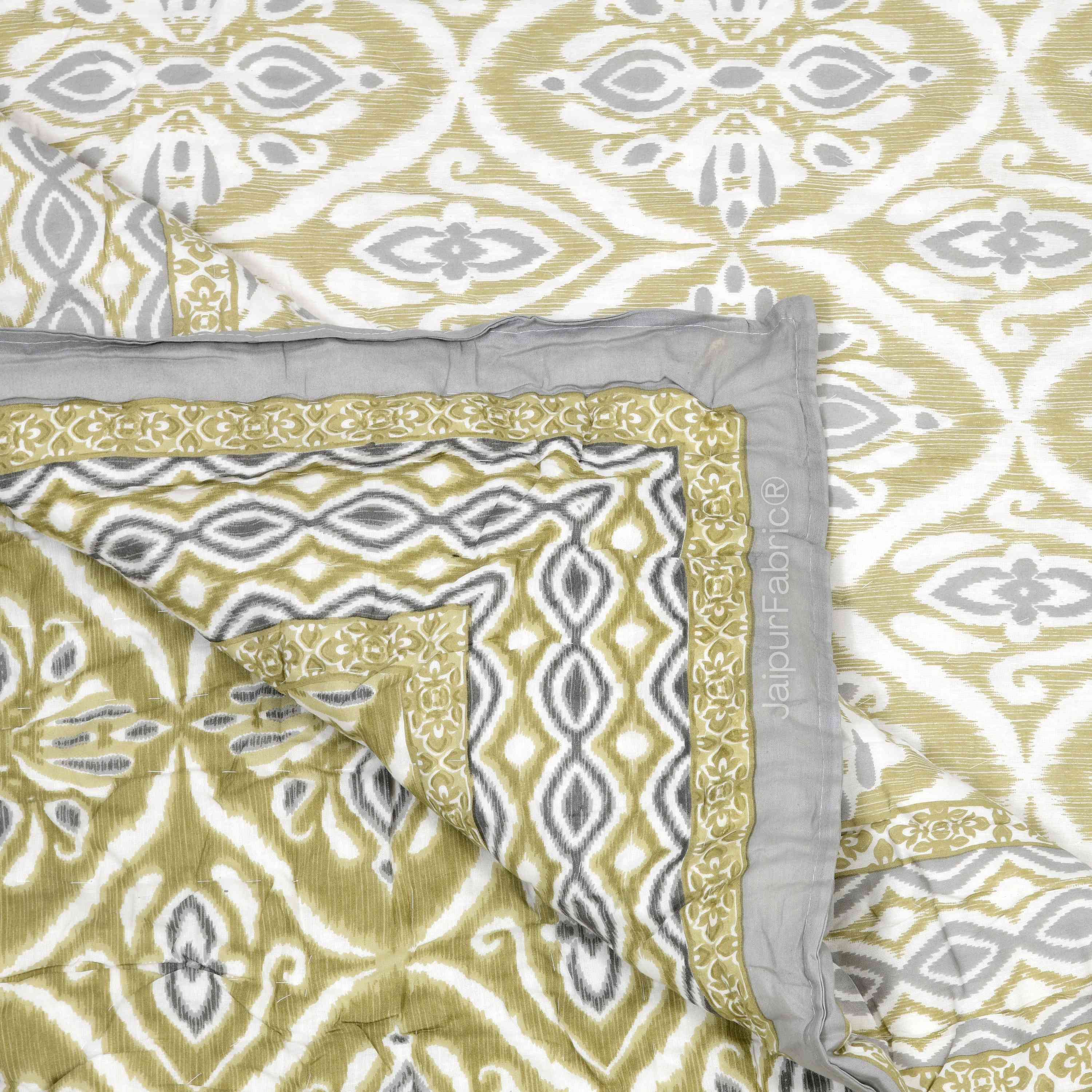 Saffron Splendor Reversible Double Bed Quilt Rajai with Ornate Geometric Charms Design