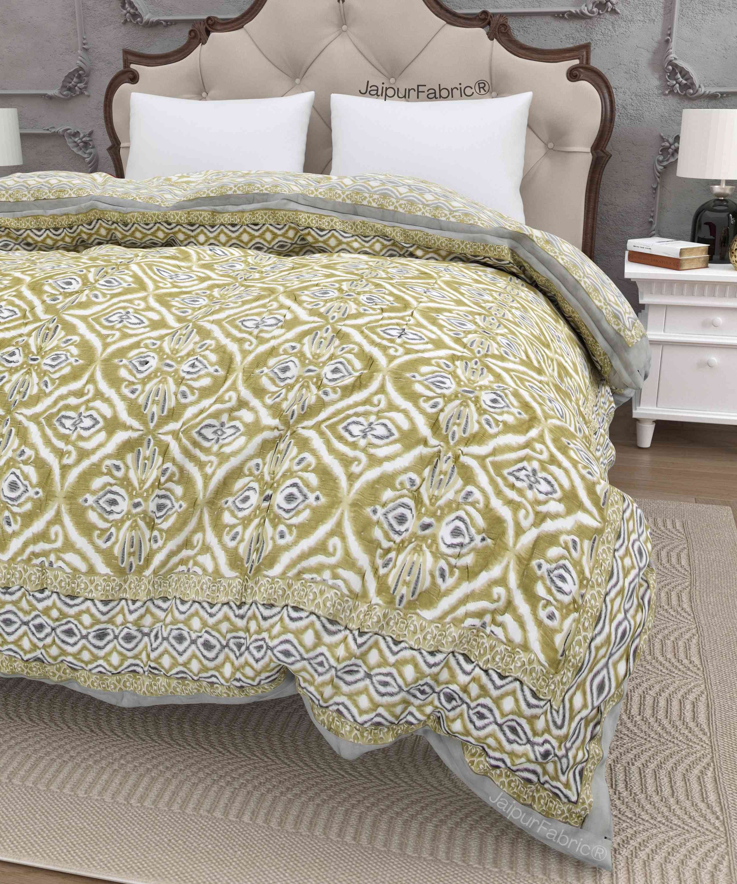 Saffron Splendor Reversible Double Bed Quilt Rajai with Ornate Geometric Charms Design